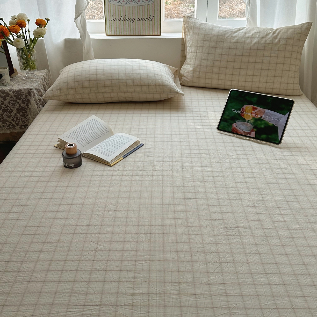 91家纺网 家纺一手货源 找家纺 六巷胡同 2026新款A类全棉纯棉水洗棉色织格子单品床笠 床笠单件 悦野-白格