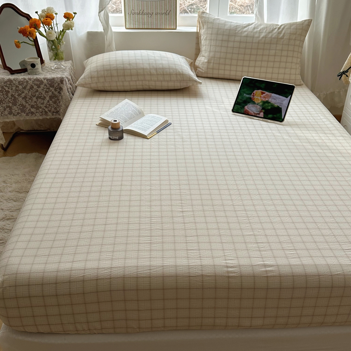 91家纺网 家纺一手货源 找家纺 六巷胡同 2026新款A类全棉纯棉水洗棉色织格子单品床笠 床笠单件 悦野-白格