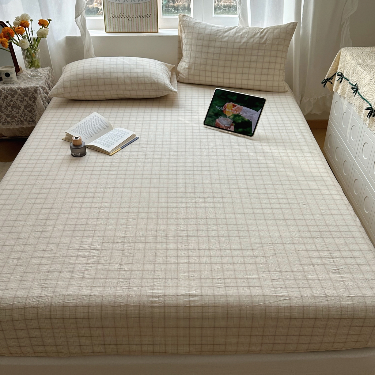 91家纺网 家纺一手货源 找家纺 六巷胡同 2026新款A类全棉纯棉水洗棉色织格子单品床笠 床笠单件 悦野-白格
