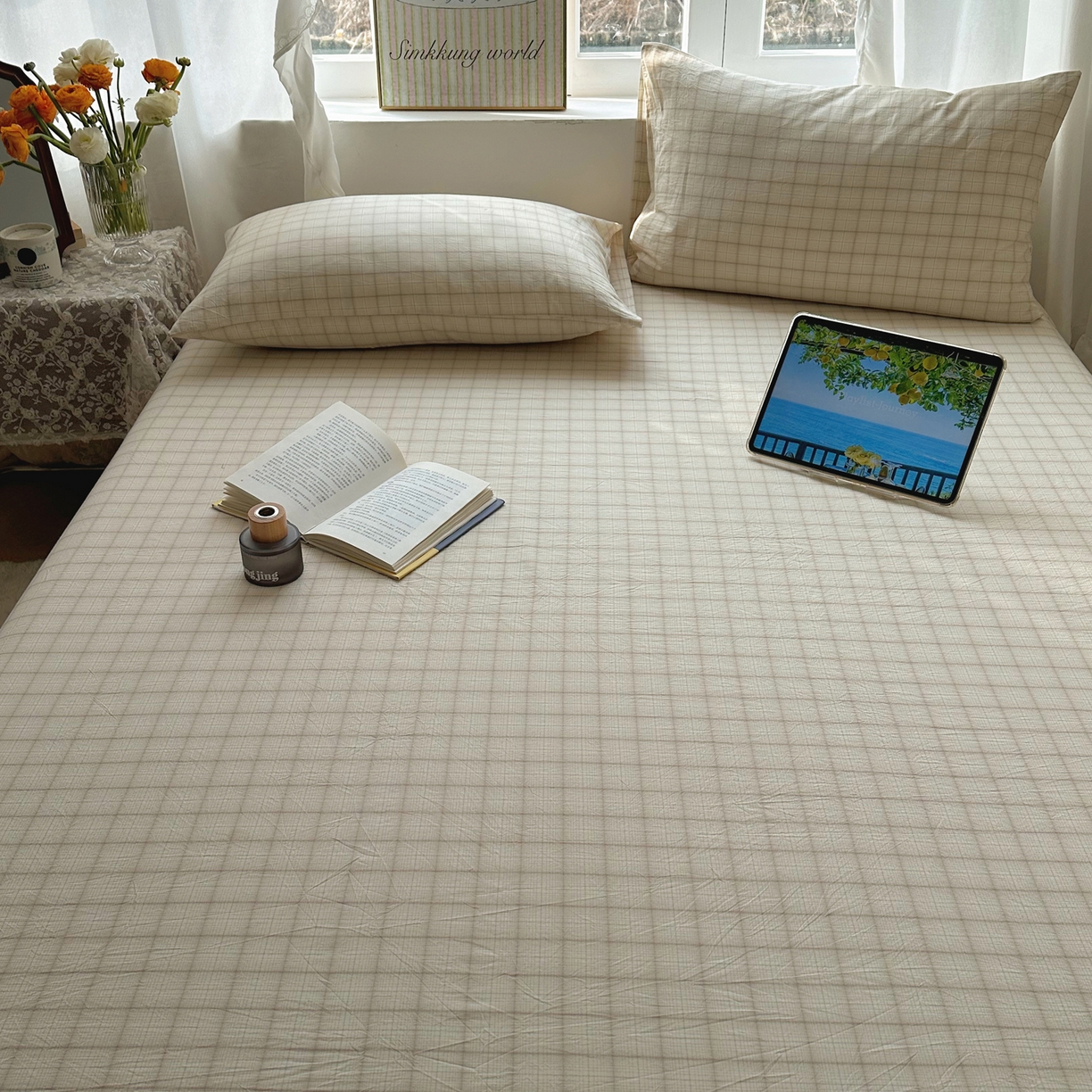 91家纺网 家纺一手货源 找家纺 六巷胡同 2026新款A类全棉纯棉水洗棉色织格子单品床笠 床笠单件 悦野-白格