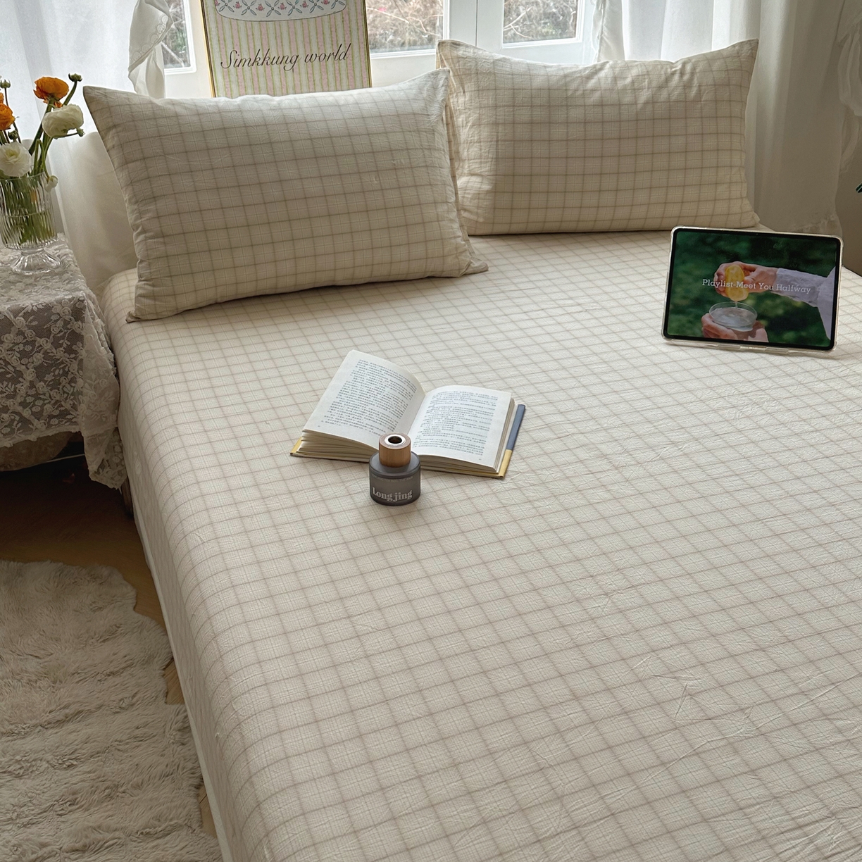 91家纺网 家纺一手货源 找家纺 六巷胡同 2026新款A类全棉纯棉水洗棉色织格子单品床笠 床笠单件 悦野-白格