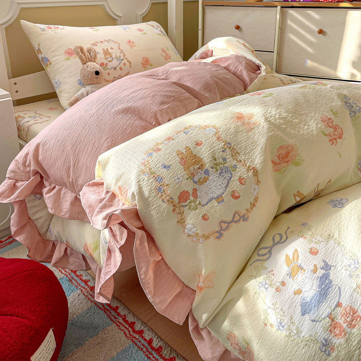 纽缦家纺 2026新款云感提花双层纱学生床韩版床单床笠三四件套 镜子里的兔