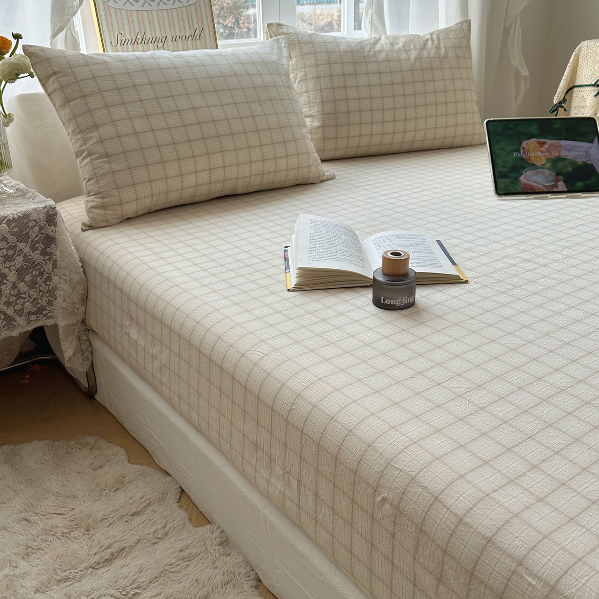 91家纺网 家纺一手货源 找家纺 六巷胡同 2026新款A类全棉纯棉水洗棉色织格子单品床笠 床笠单件 悦野-白格