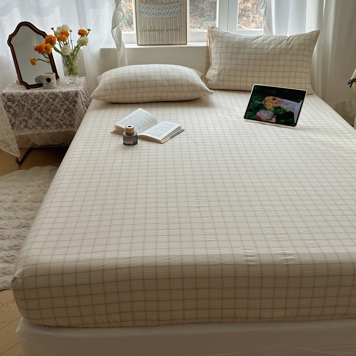 91家纺网 家纺一手货源 找家纺 六巷胡同 2026新款A类全棉纯棉水洗棉色织格子单品床笠 床笠单件 悦野-白格