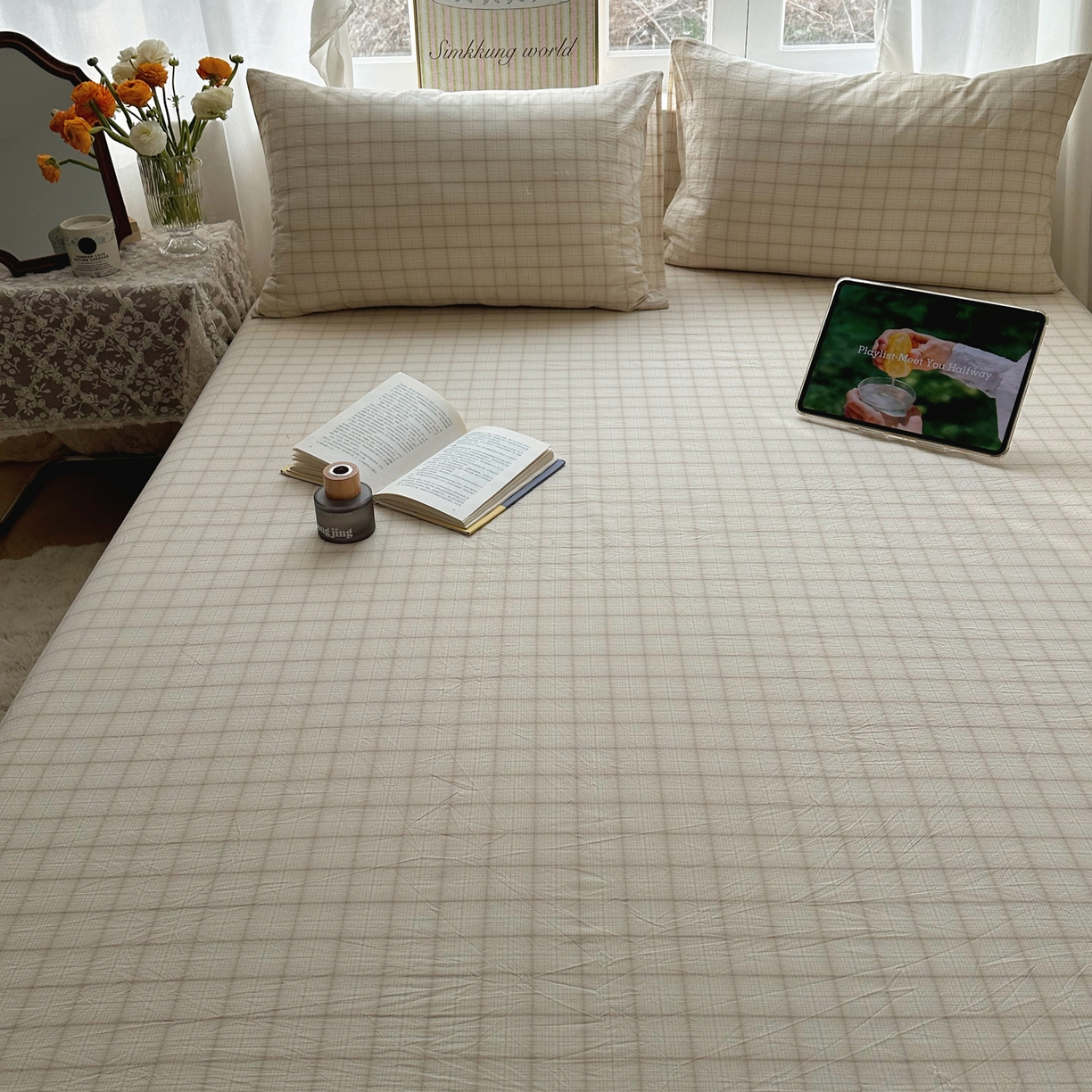 91家纺网 家纺一手货源 找家纺 六巷胡同 2026新款A类全棉纯棉水洗棉色织格子单品床笠 床笠单件 悦野-白格