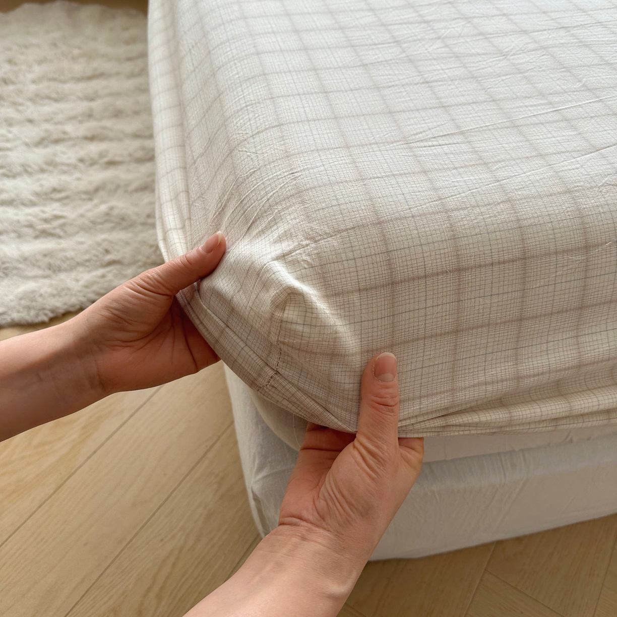 91家纺网 家纺一手货源 找家纺 六巷胡同 2026新款A类全棉纯棉水洗棉色织格子单品床笠 床笠单件 悦野-白格