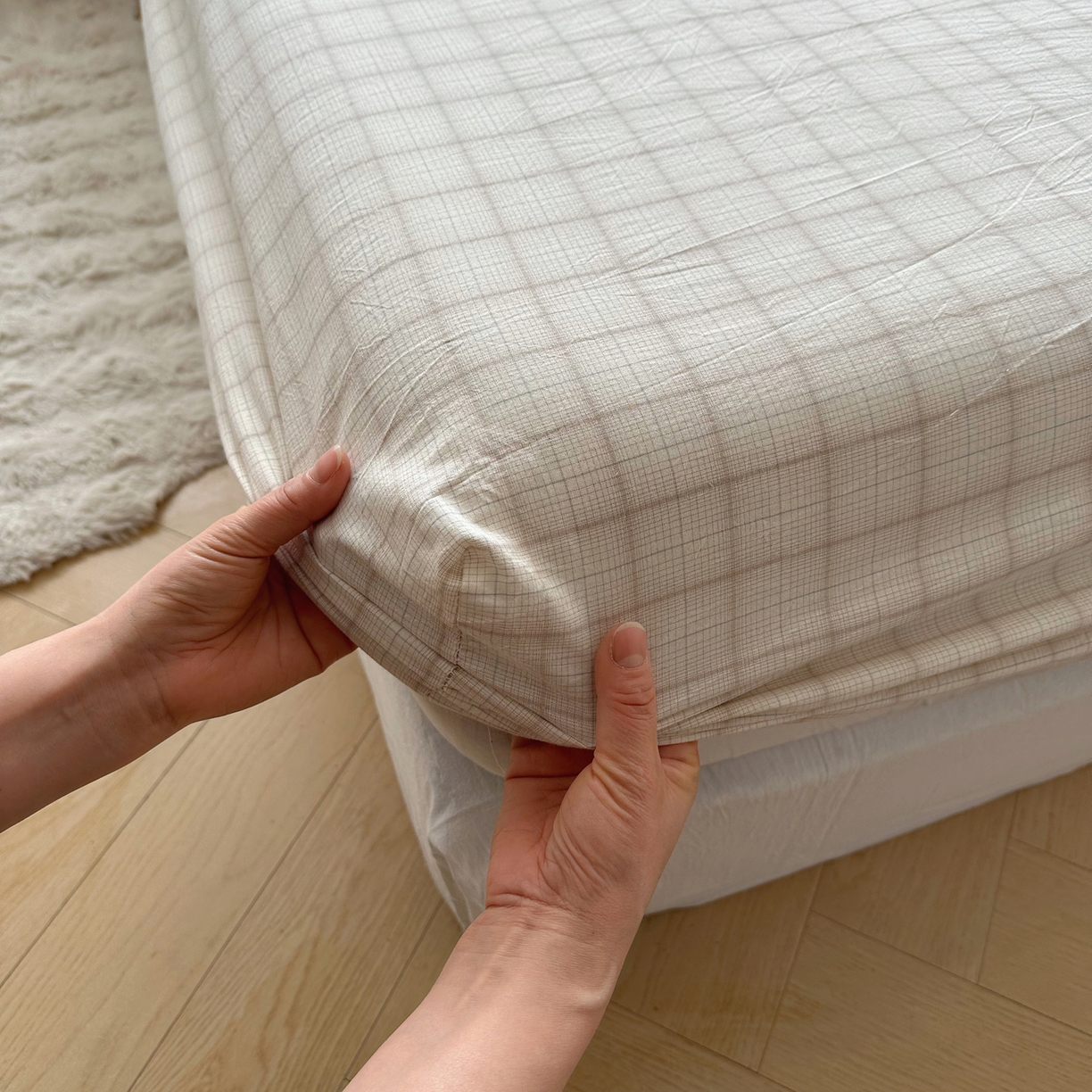 91家纺网 家纺一手货源 找家纺 六巷胡同 2026新款A类全棉纯棉水洗棉色织格子单品床笠 床笠单件 悦野-白格