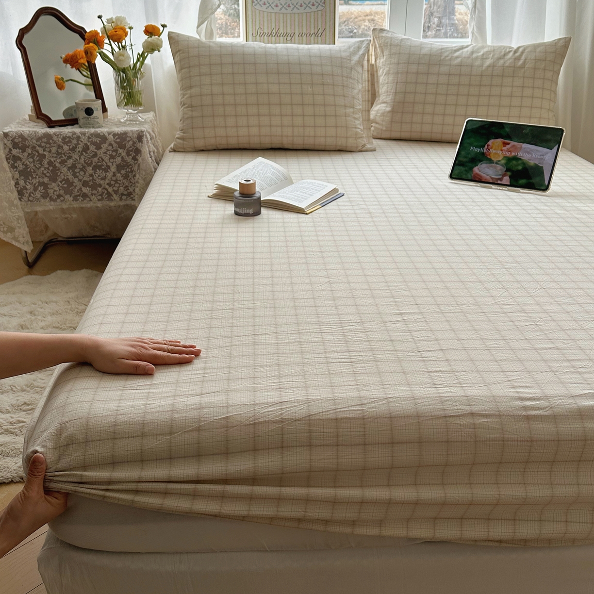 91家纺网 家纺一手货源 找家纺 六巷胡同 2026新款A类全棉纯棉水洗棉色织格子单品床笠 床笠单件 悦野-白格