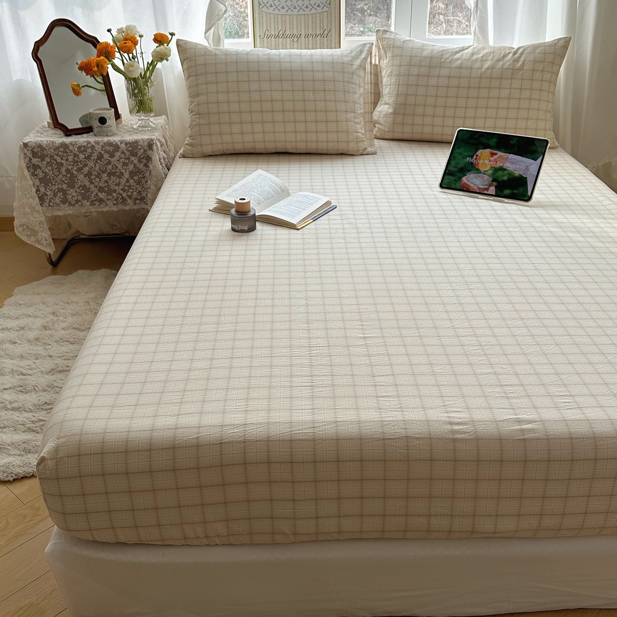 91家纺网 家纺一手货源 找家纺 六巷胡同 2026新款A类全棉纯棉水洗棉色织格子单品床笠 床笠单件 悦野-白格