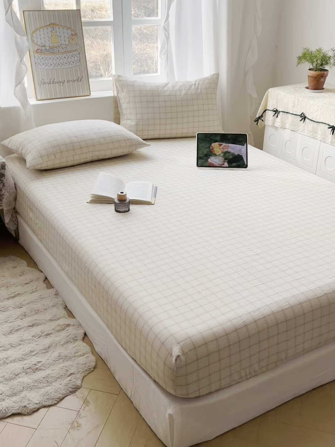 91家纺网 家纺一手货源 找家纺 六巷胡同 2026新款A类全棉纯棉水洗棉色织格子单品床笠 床笠单件 悦野-白格