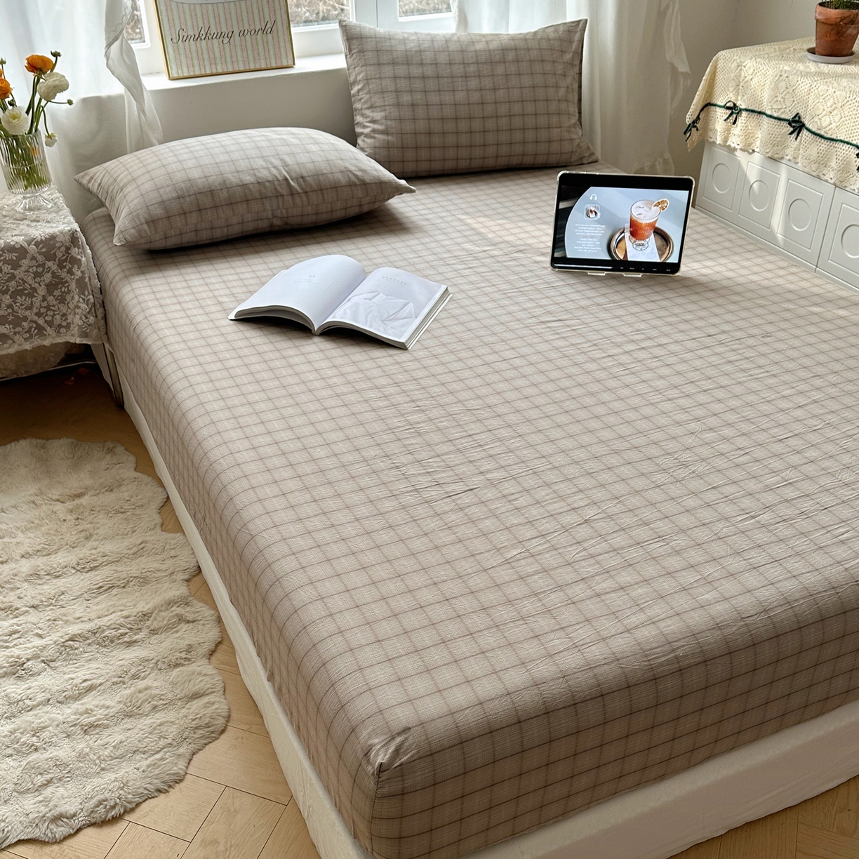 六巷胡同 2026新款A类全棉纯棉水洗棉色织格子单品床笠 床笠单件 悦野-灰格