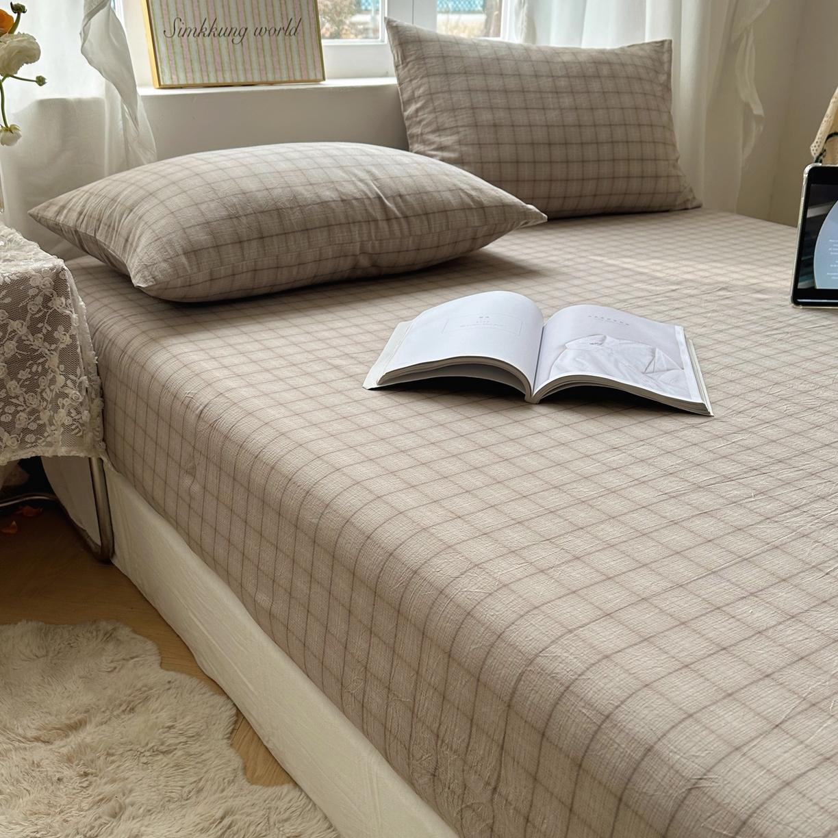 91家纺网 家纺一手货源 找家纺 六巷胡同 2026新款A类全棉纯棉水洗棉色织格子单品床笠 床笠单件 悦野-灰格