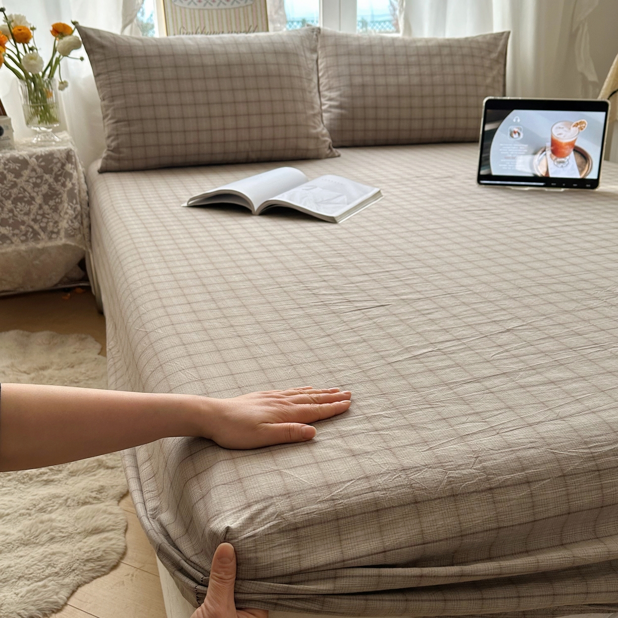 91家纺网 家纺一手货源 找家纺 六巷胡同 2026新款A类全棉纯棉水洗棉色织格子单品床笠 床笠单件 悦野-灰格