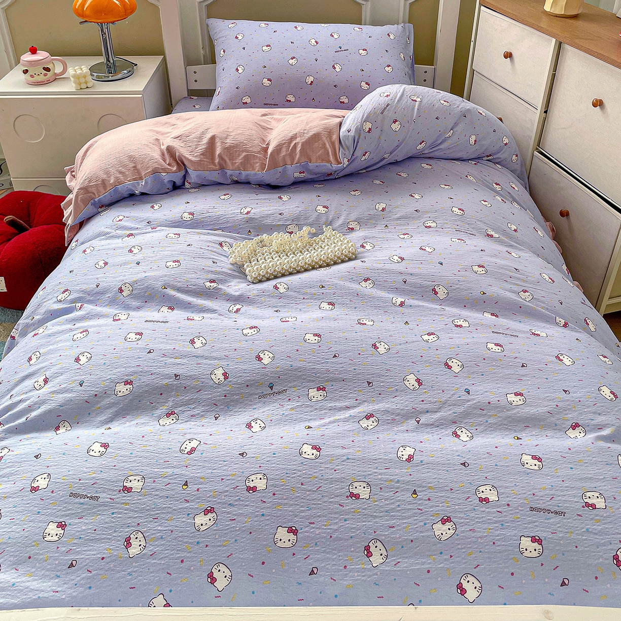 91家纺网 家纺一手货源 找家纺 纽缦家纺 2026新款云感提花双层纱学生床韩版床单床笠三四件套 蓝莓奶糖