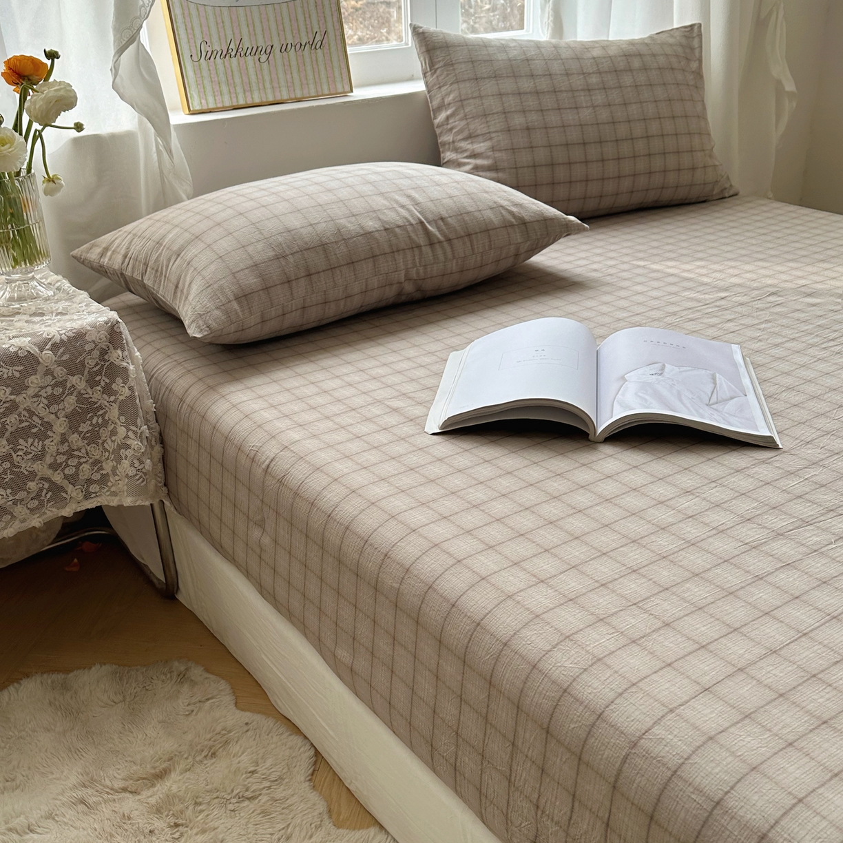 91家纺网 家纺一手货源 找家纺 六巷胡同 2026新款A类全棉纯棉水洗棉色织格子单品床笠 床笠单件 悦野-灰格