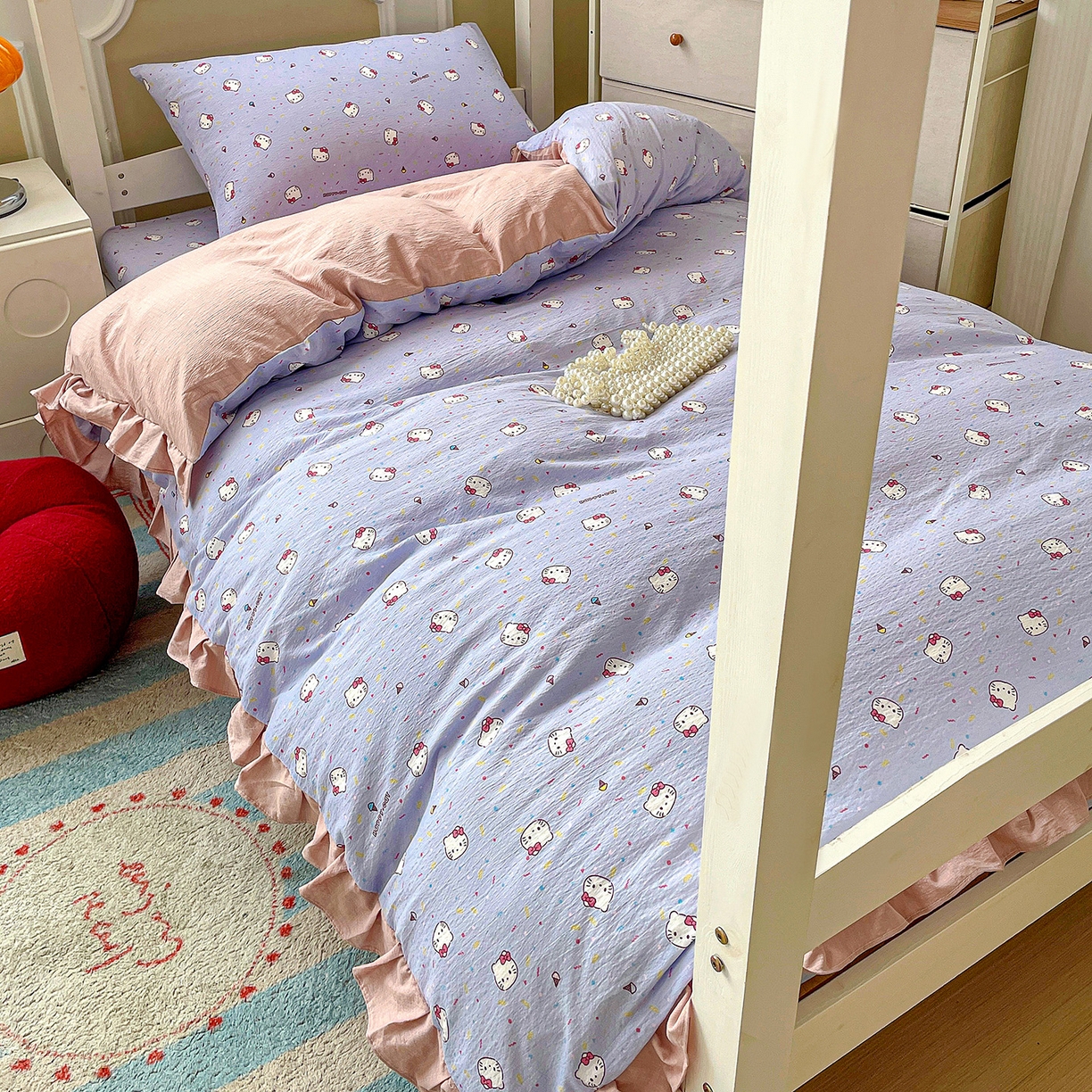 91家纺网 家纺一手货源 找家纺 纽缦家纺 2026新款云感提花双层纱学生床韩版床单床笠三四件套 蓝莓奶糖