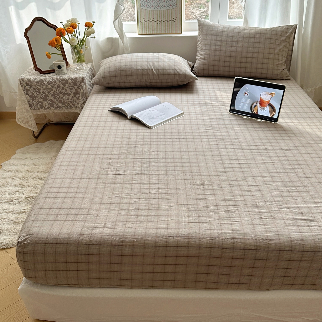 91家纺网 家纺一手货源 找家纺 六巷胡同 2026新款A类全棉纯棉水洗棉色织格子单品床笠 床笠单件 悦野-灰格