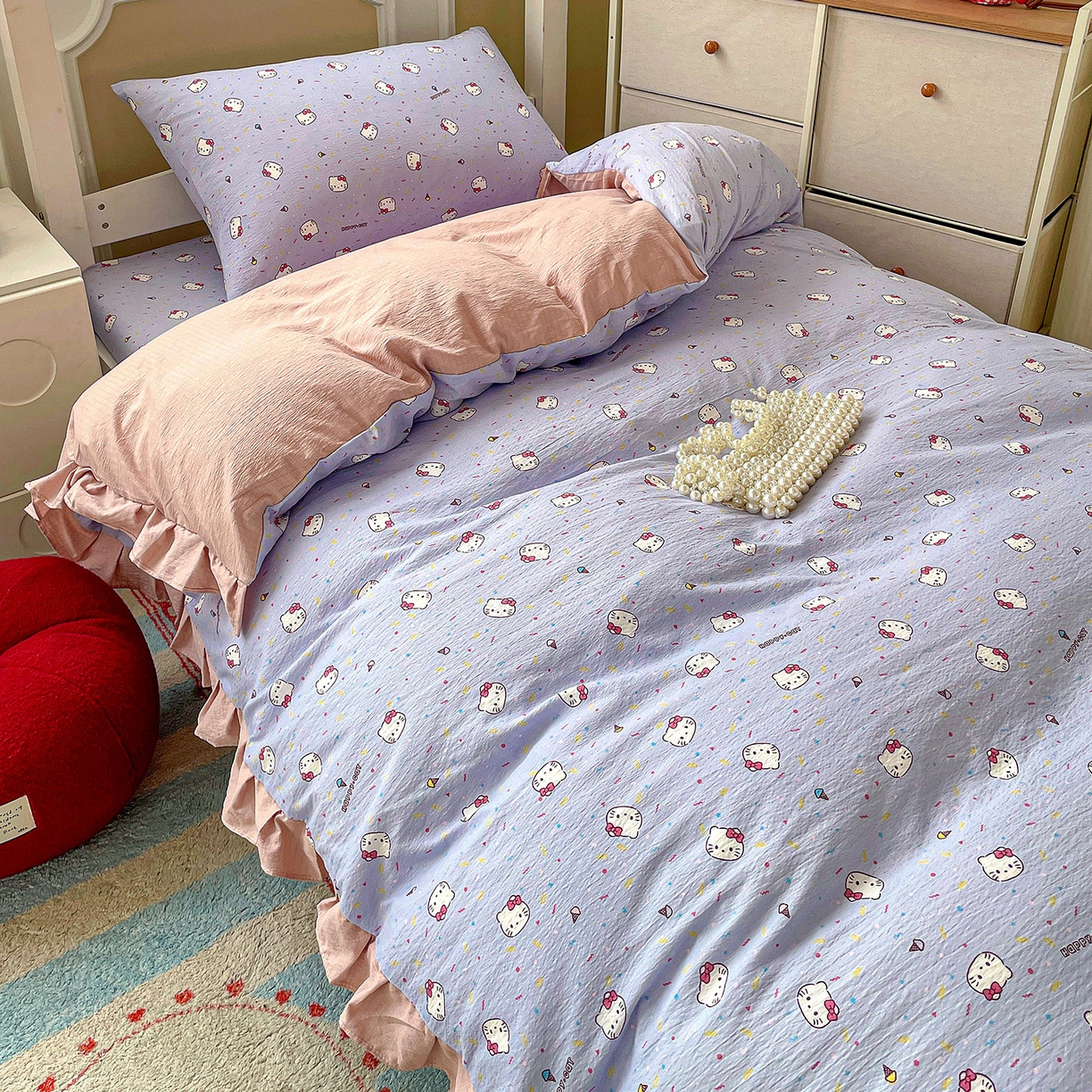 91家纺网 家纺一手货源 找家纺 纽缦家纺 2026新款云感提花双层纱学生床韩版床单床笠三四件套 蓝莓奶糖