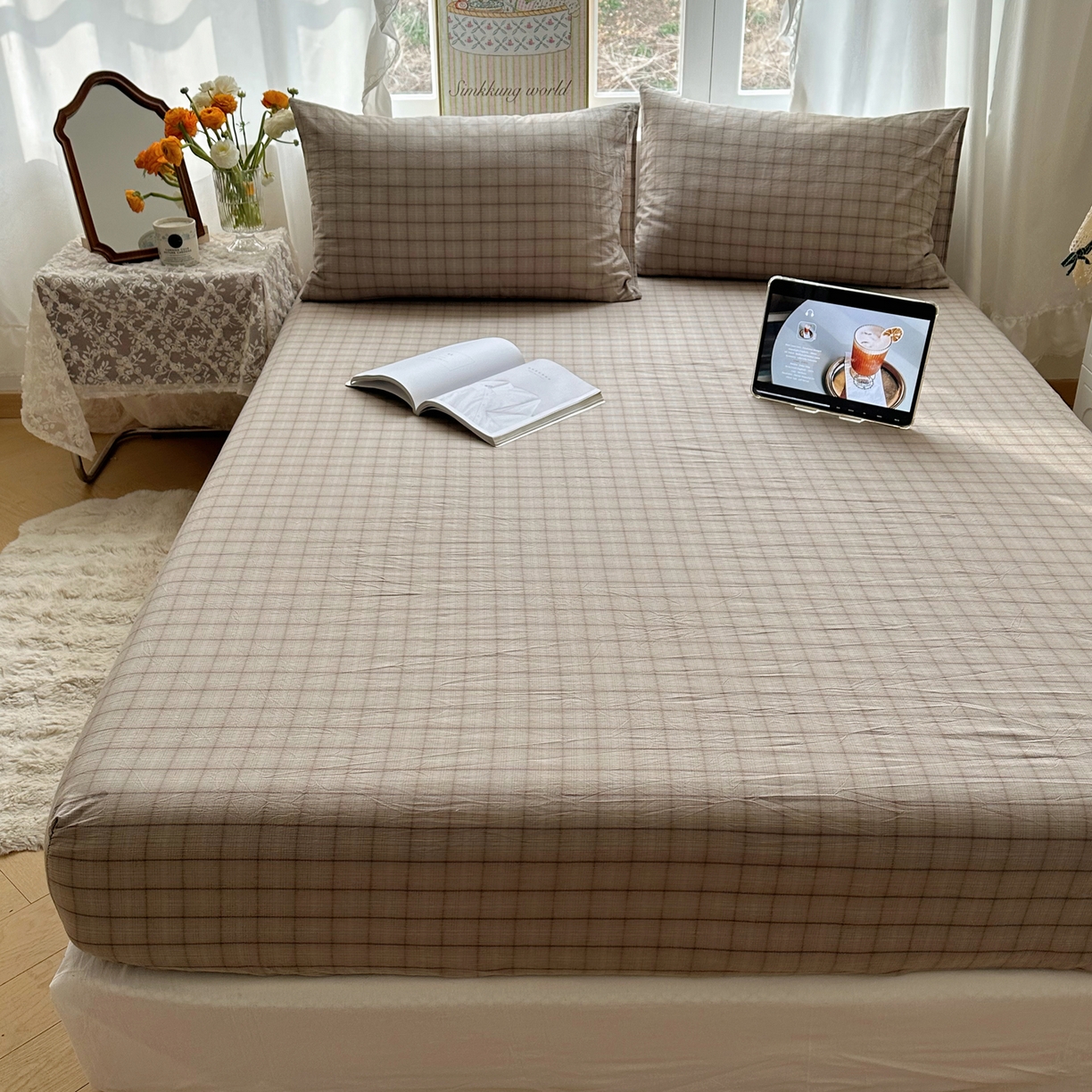91家纺网 家纺一手货源 找家纺 六巷胡同 2026新款A类全棉纯棉水洗棉色织格子单品床笠 床笠单件 悦野-灰格
