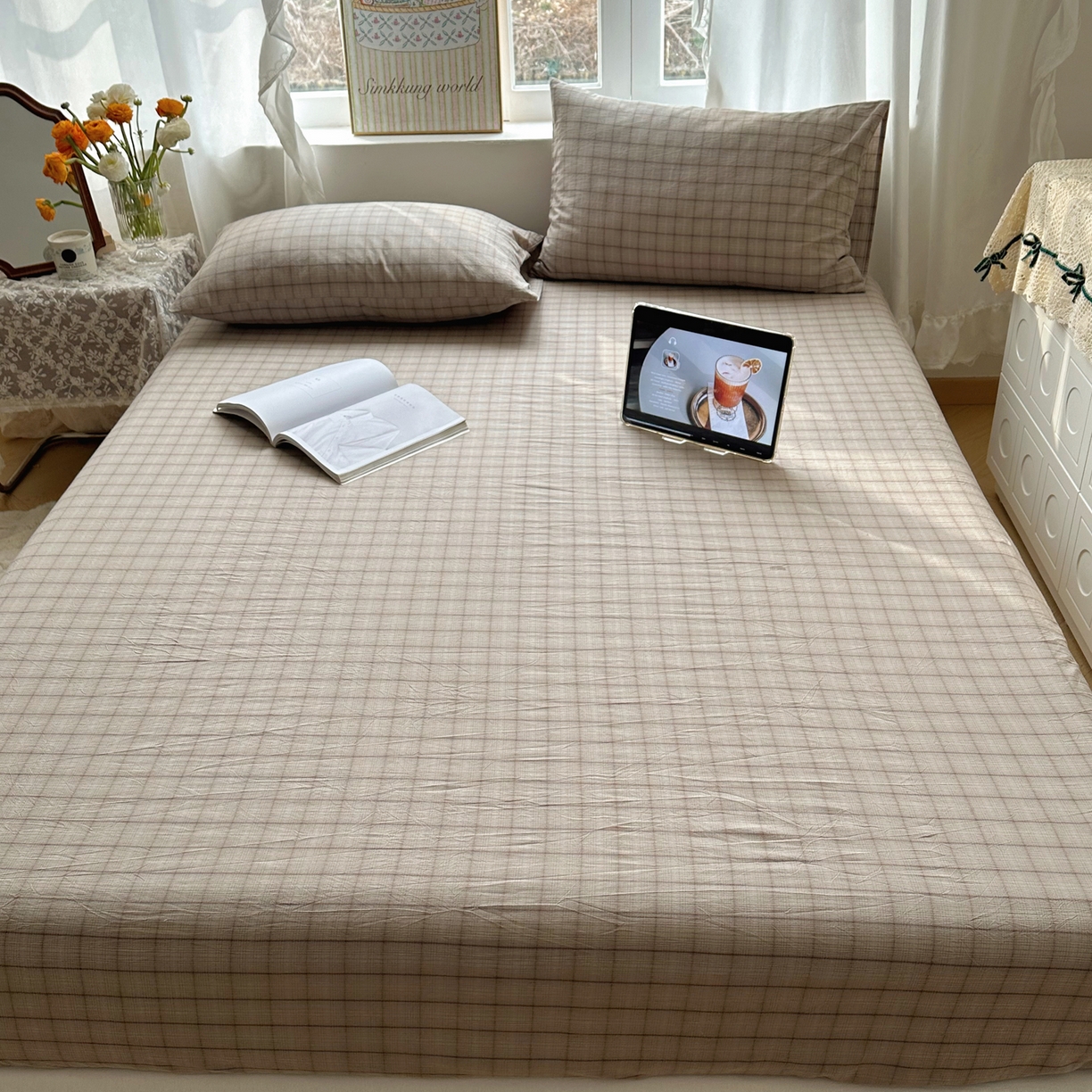 91家纺网 家纺一手货源 找家纺 六巷胡同 2026新款A类全棉纯棉水洗棉色织格子单品床笠 床笠单件 悦野-灰格