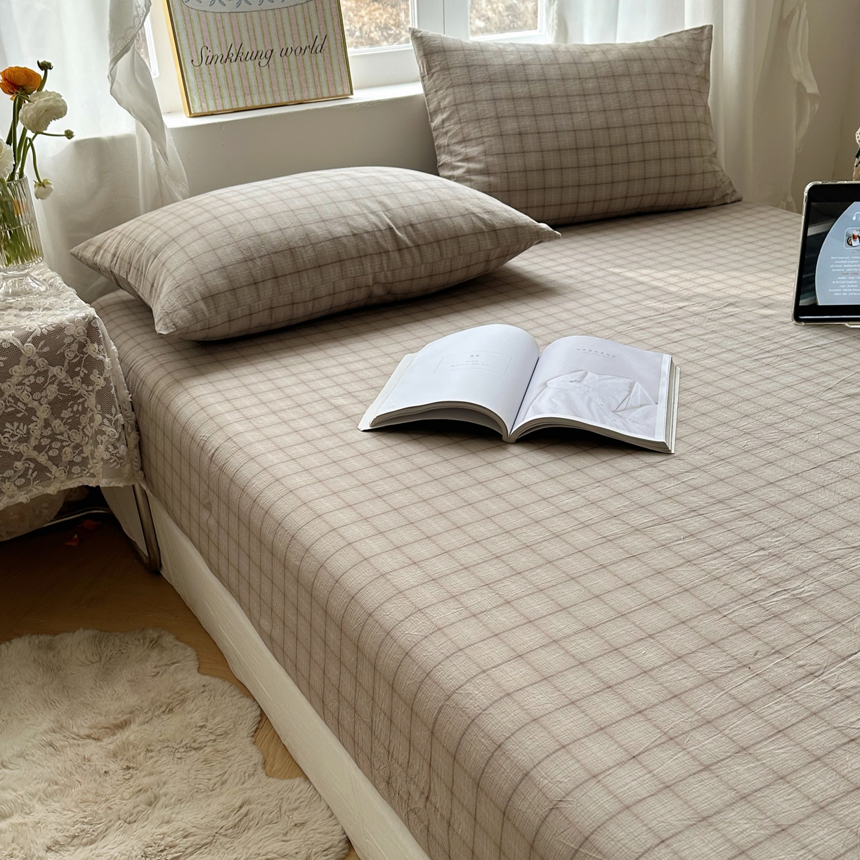 91家纺网 家纺一手货源 找家纺 六巷胡同 2026新款A类全棉纯棉水洗棉色织格子单品床笠 床笠单件 悦野-灰格