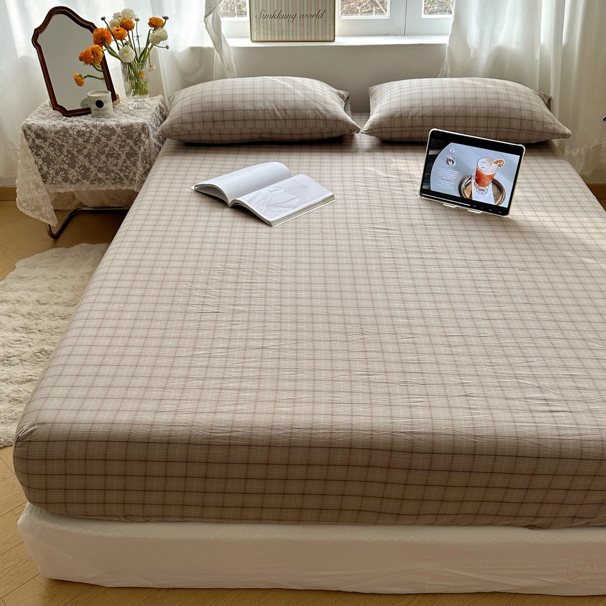 91家纺网 家纺一手货源 找家纺 六巷胡同 2026新款A类全棉纯棉水洗棉色织格子单品床笠 床笠单件 悦野-灰格