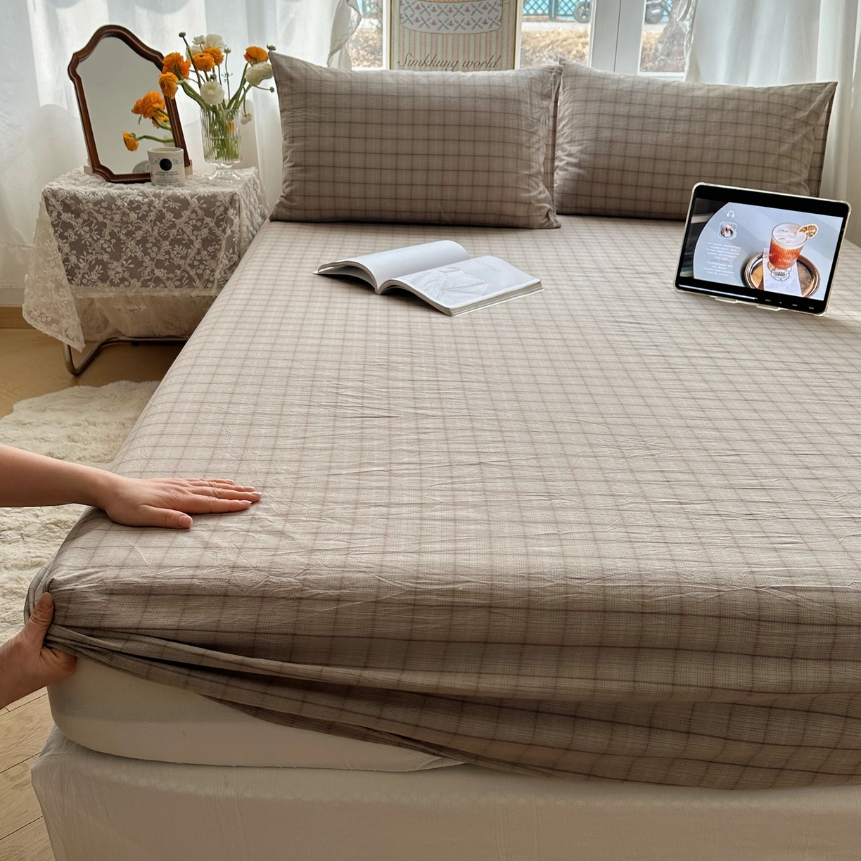 91家纺网 家纺一手货源 找家纺 六巷胡同 2026新款A类全棉纯棉水洗棉色织格子单品床笠 床笠单件 悦野-灰格