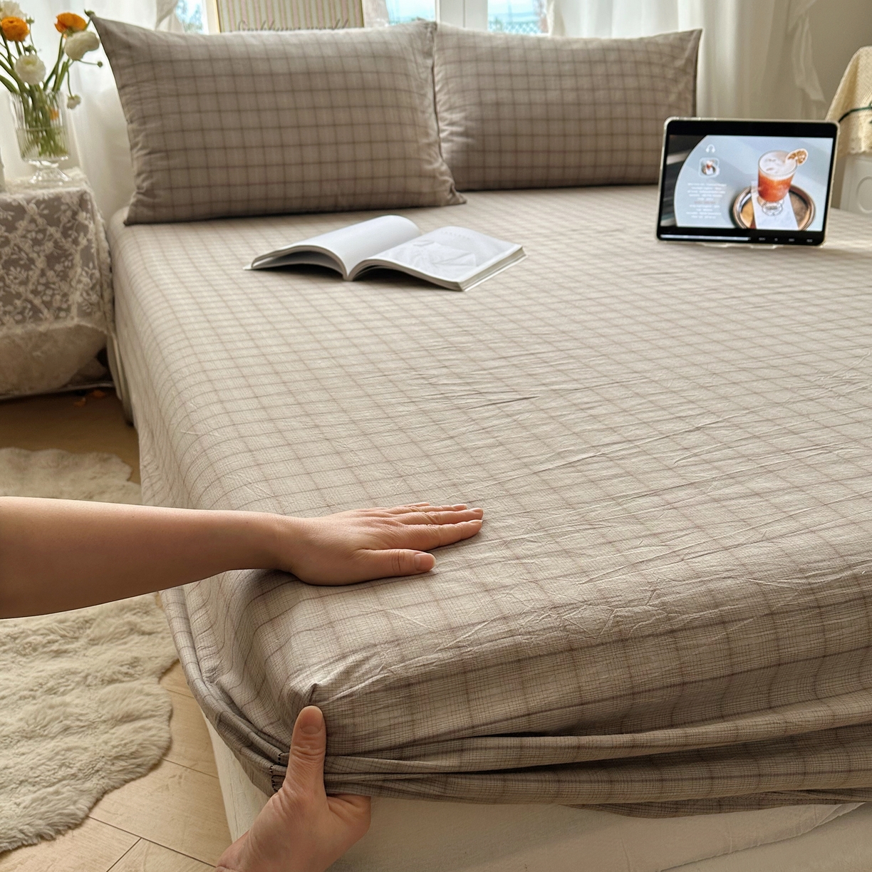 91家纺网 家纺一手货源 找家纺 六巷胡同 2026新款A类全棉纯棉水洗棉色织格子单品床笠 床笠单件 悦野-灰格