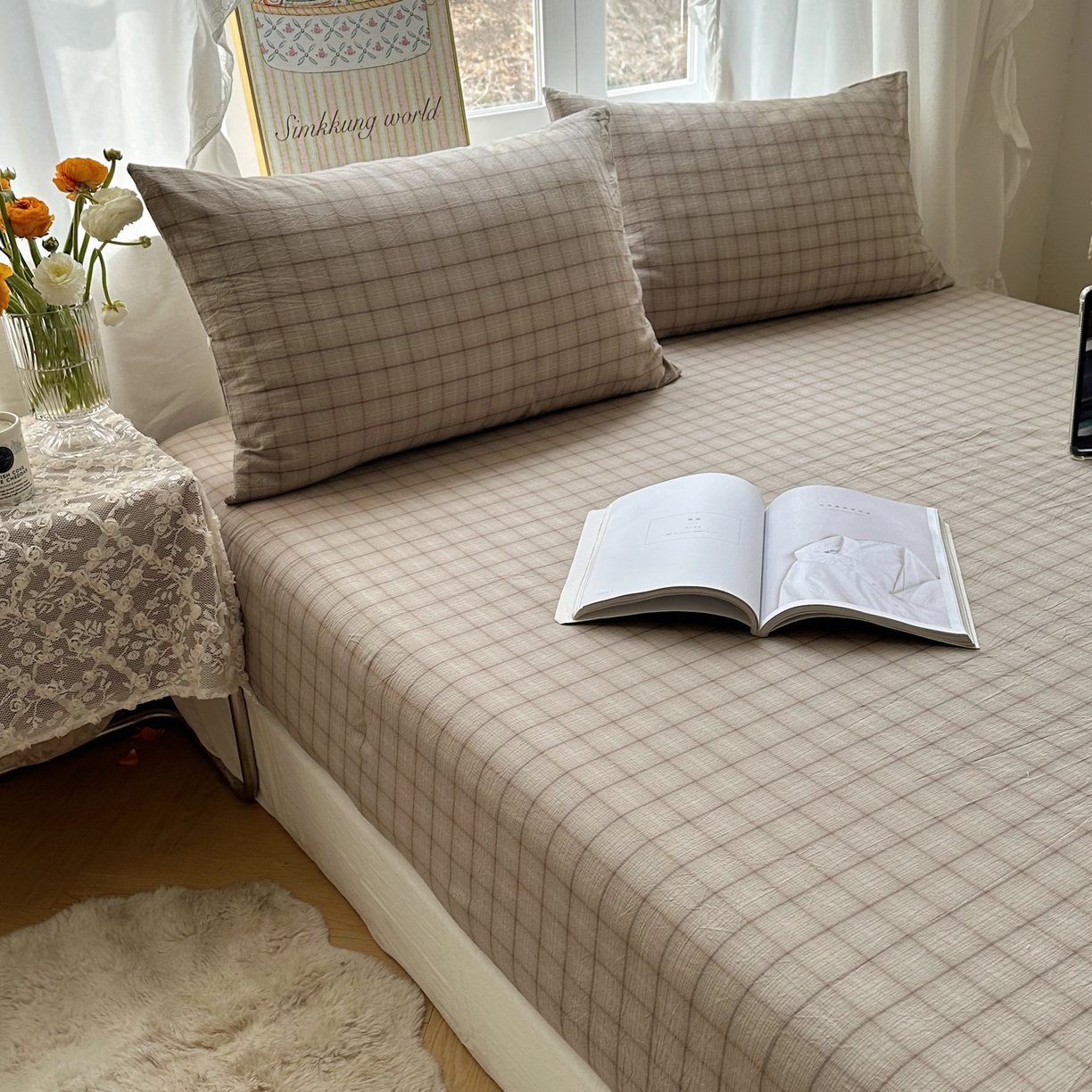 91家纺网 家纺一手货源 找家纺 六巷胡同 2026新款A类全棉纯棉水洗棉色织格子单品床笠 床笠单件 悦野-灰格