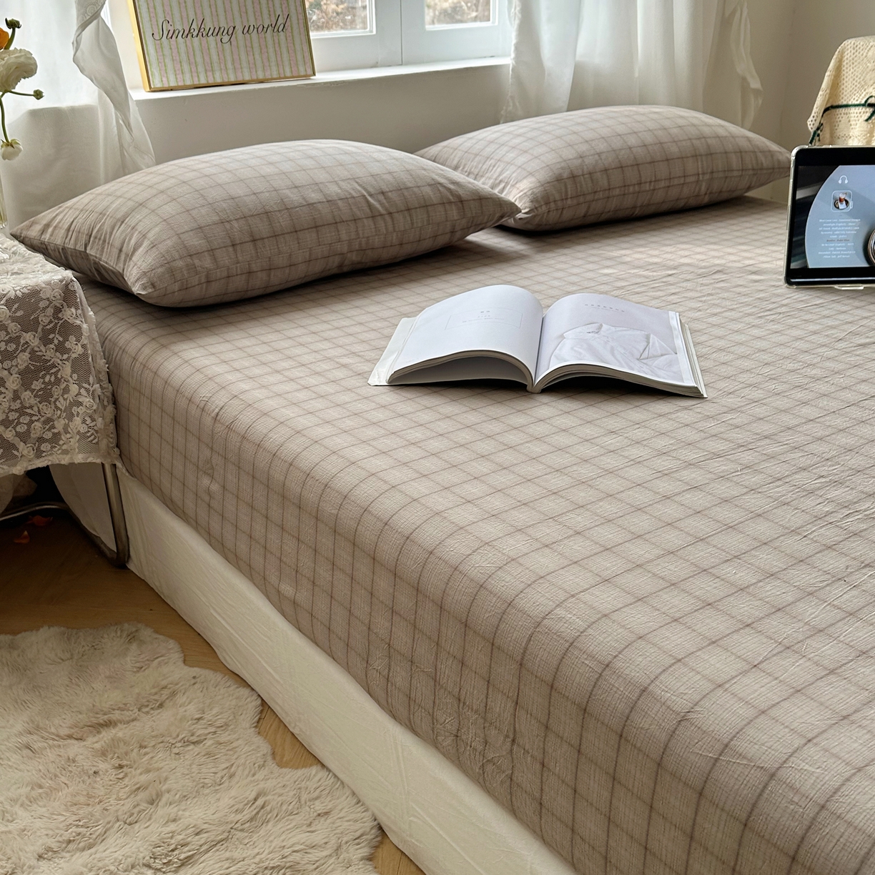 91家纺网 家纺一手货源 找家纺 六巷胡同 2026新款A类全棉纯棉水洗棉色织格子单品床笠 床笠单件 悦野-灰格