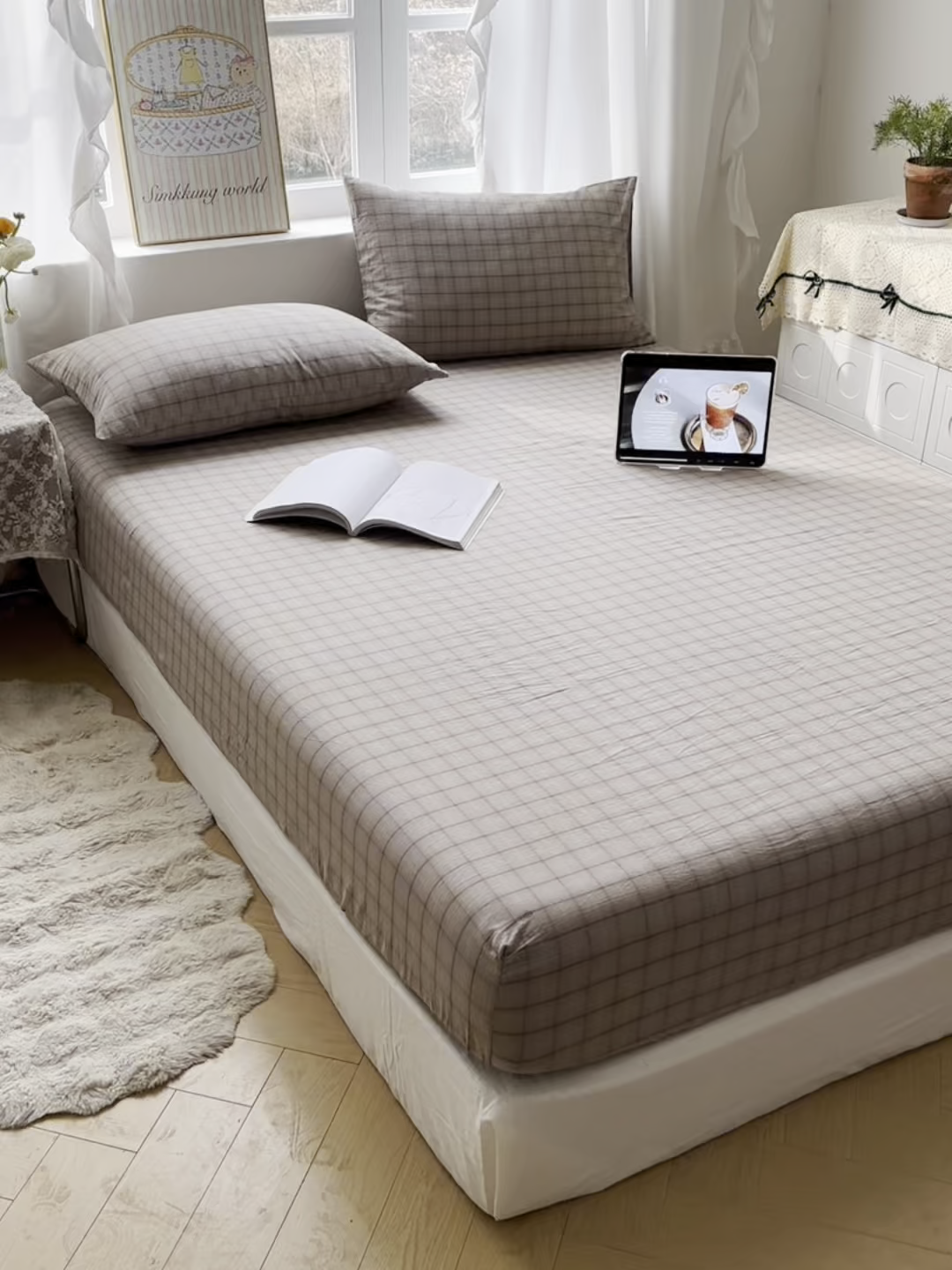 91家纺网 家纺一手货源 找家纺 六巷胡同 2026新款A类全棉纯棉水洗棉色织格子单品床笠 床笠单件 悦野-灰格