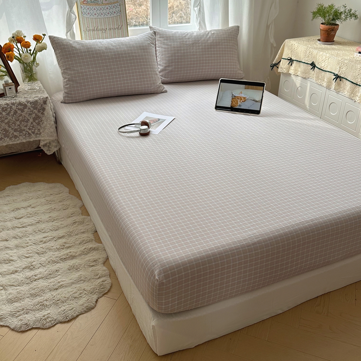六巷胡同 2026新款A类全棉纯棉水洗棉色织格子单品床笠 床笠单件 知序-灰格