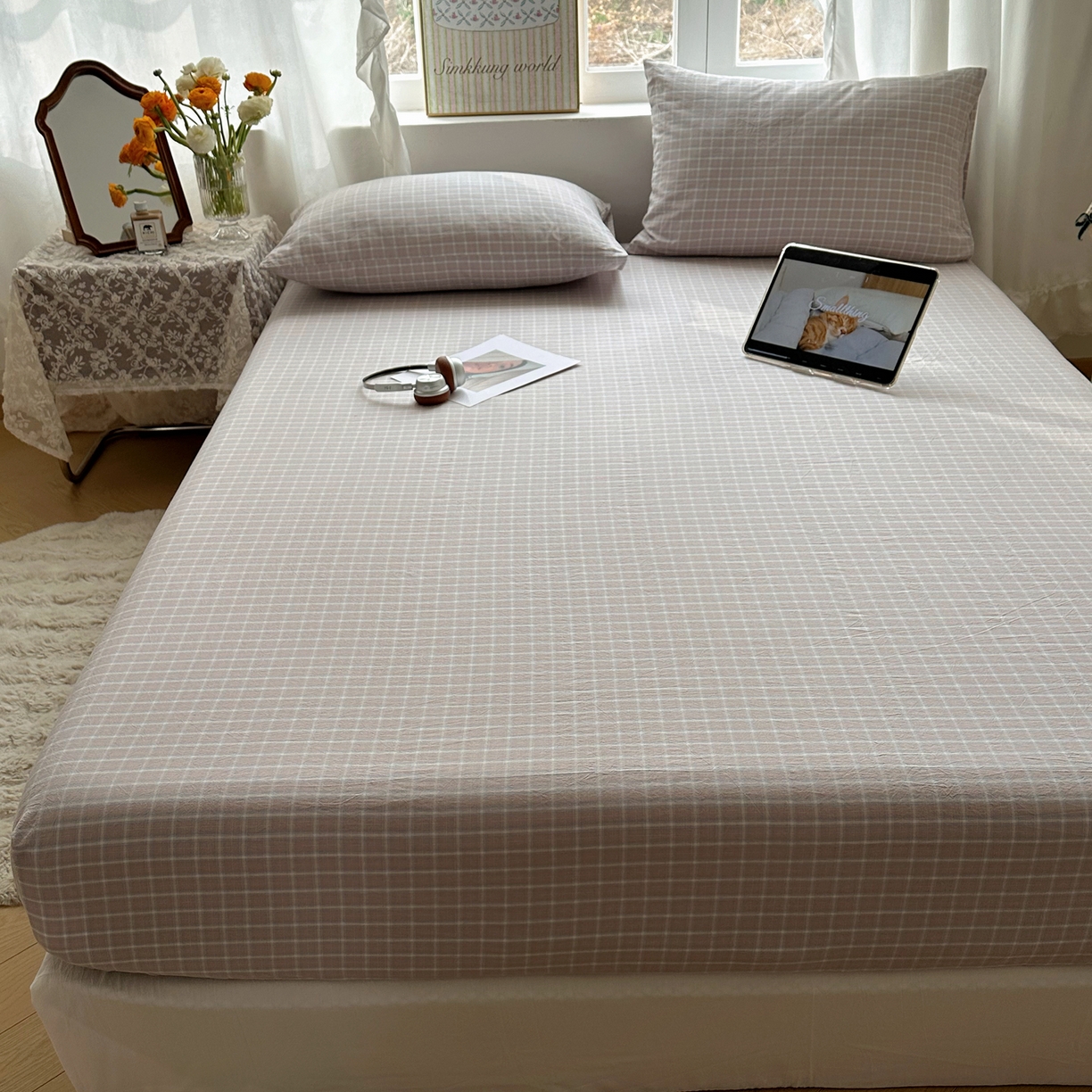 91家纺网 家纺一手货源 找家纺 六巷胡同 2026新款A类全棉纯棉水洗棉色织格子单品床笠 床笠单件 知序-灰格