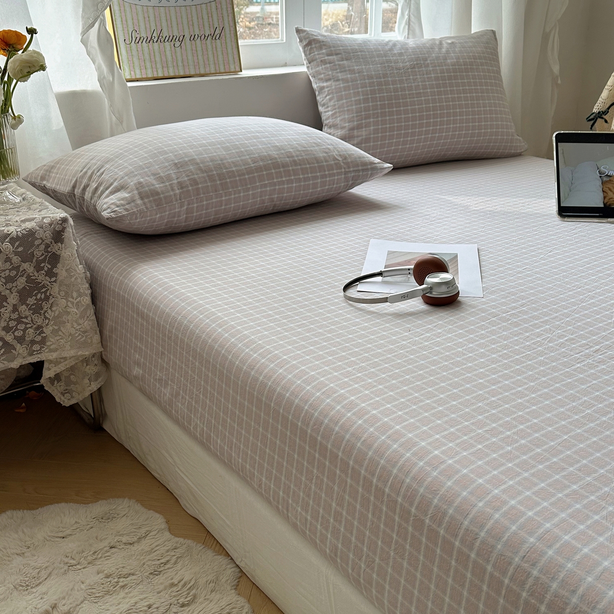91家纺网 家纺一手货源 找家纺 六巷胡同 2026新款A类全棉纯棉水洗棉色织格子单品床笠 床笠单件 知序-灰格