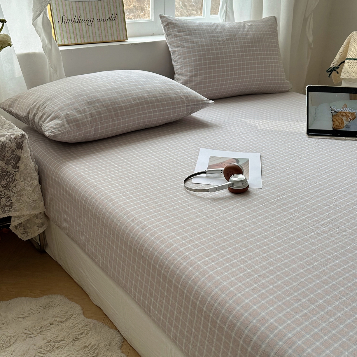 91家纺网 家纺一手货源 找家纺 六巷胡同 2026新款A类全棉纯棉水洗棉色织格子单品床笠 床笠单件 知序-灰格