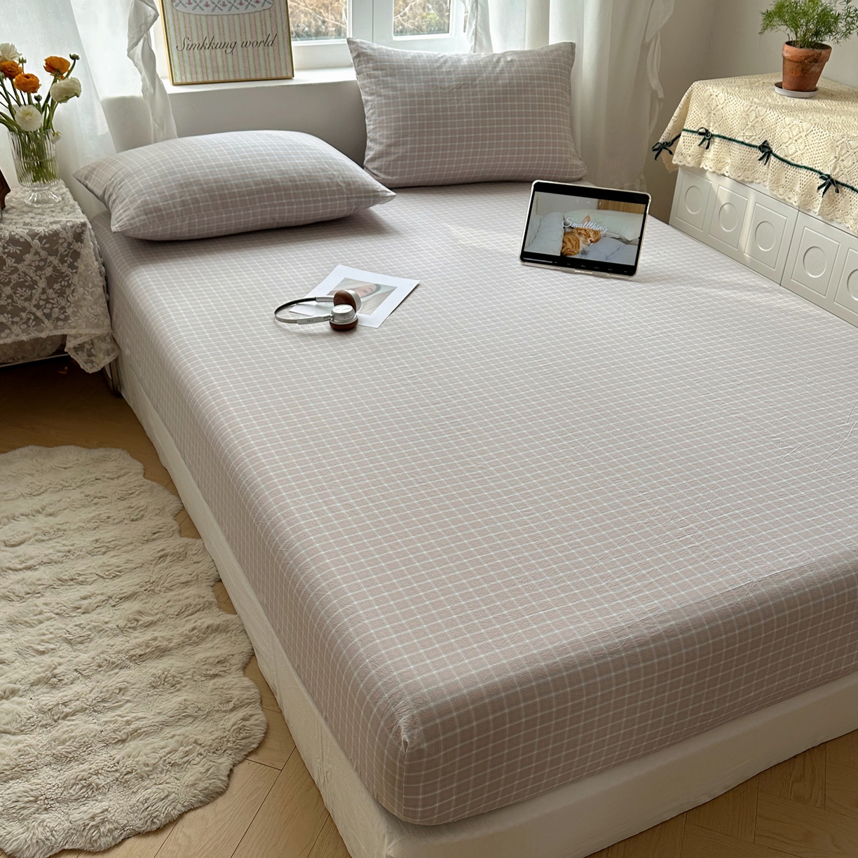 91家纺网 家纺一手货源 找家纺 六巷胡同 2026新款A类全棉纯棉水洗棉色织格子单品床笠 床笠单件 知序-灰格