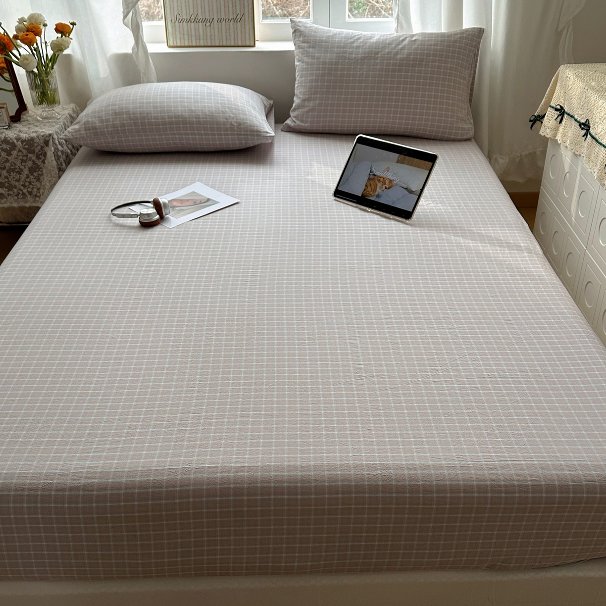 91家纺网 家纺一手货源 找家纺 六巷胡同 2026新款A类全棉纯棉水洗棉色织格子单品床笠 床笠单件 知序-灰格