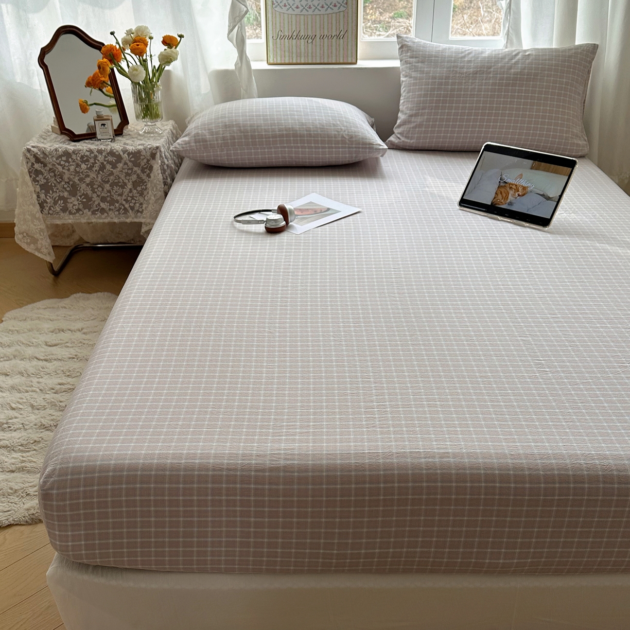 91家纺网 家纺一手货源 找家纺 六巷胡同 2026新款A类全棉纯棉水洗棉色织格子单品床笠 床笠单件 知序-灰格