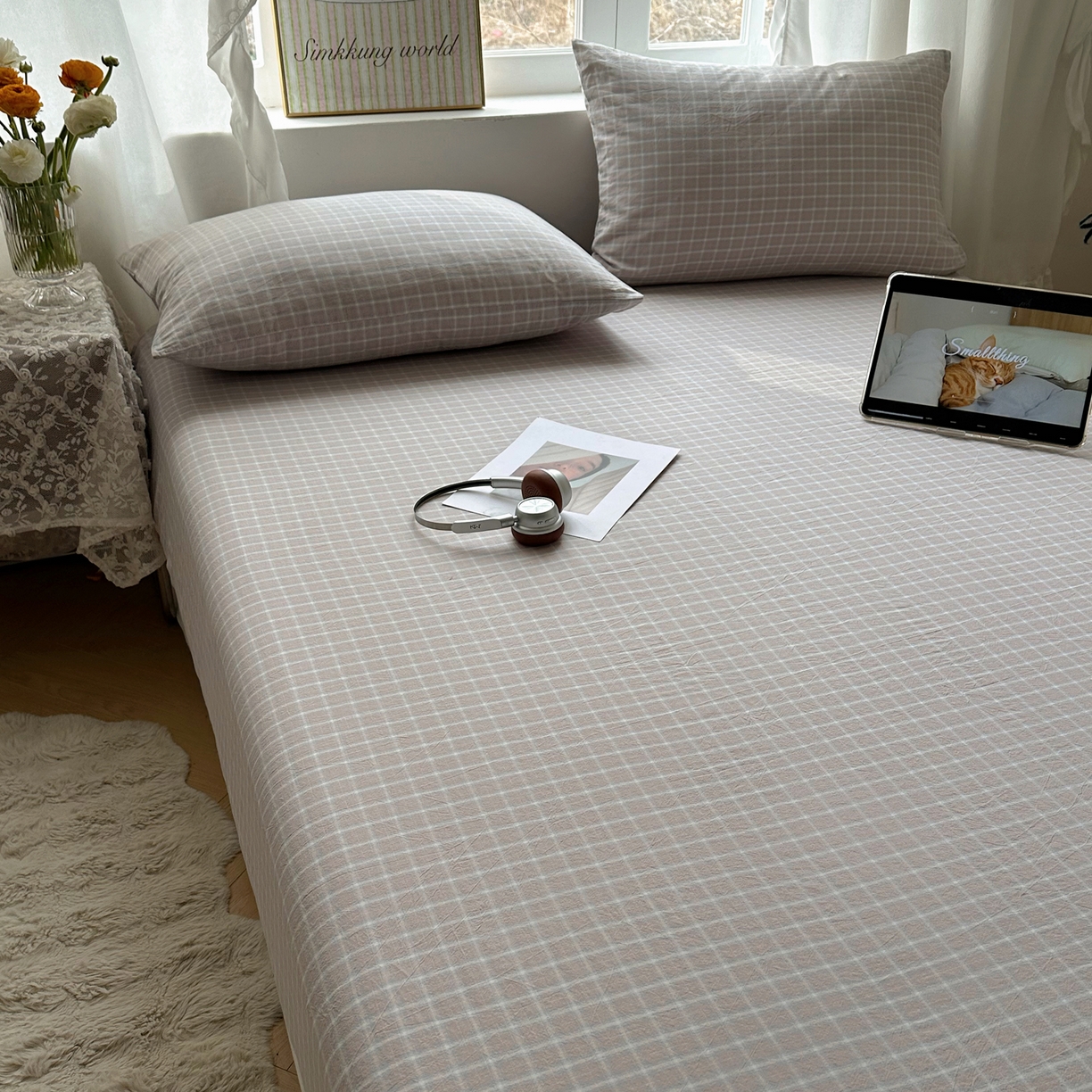 91家纺网 家纺一手货源 找家纺 六巷胡同 2026新款A类全棉纯棉水洗棉色织格子单品床笠 床笠单件 知序-灰格