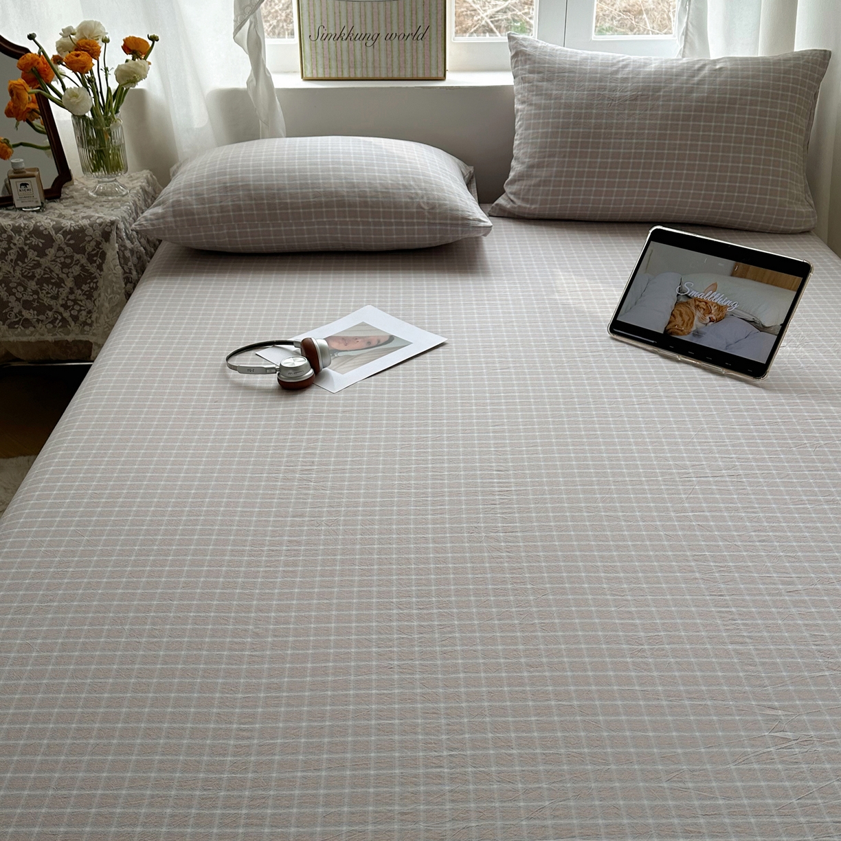 91家纺网 家纺一手货源 找家纺 六巷胡同 2026新款A类全棉纯棉水洗棉色织格子单品床笠 床笠单件 知序-灰格