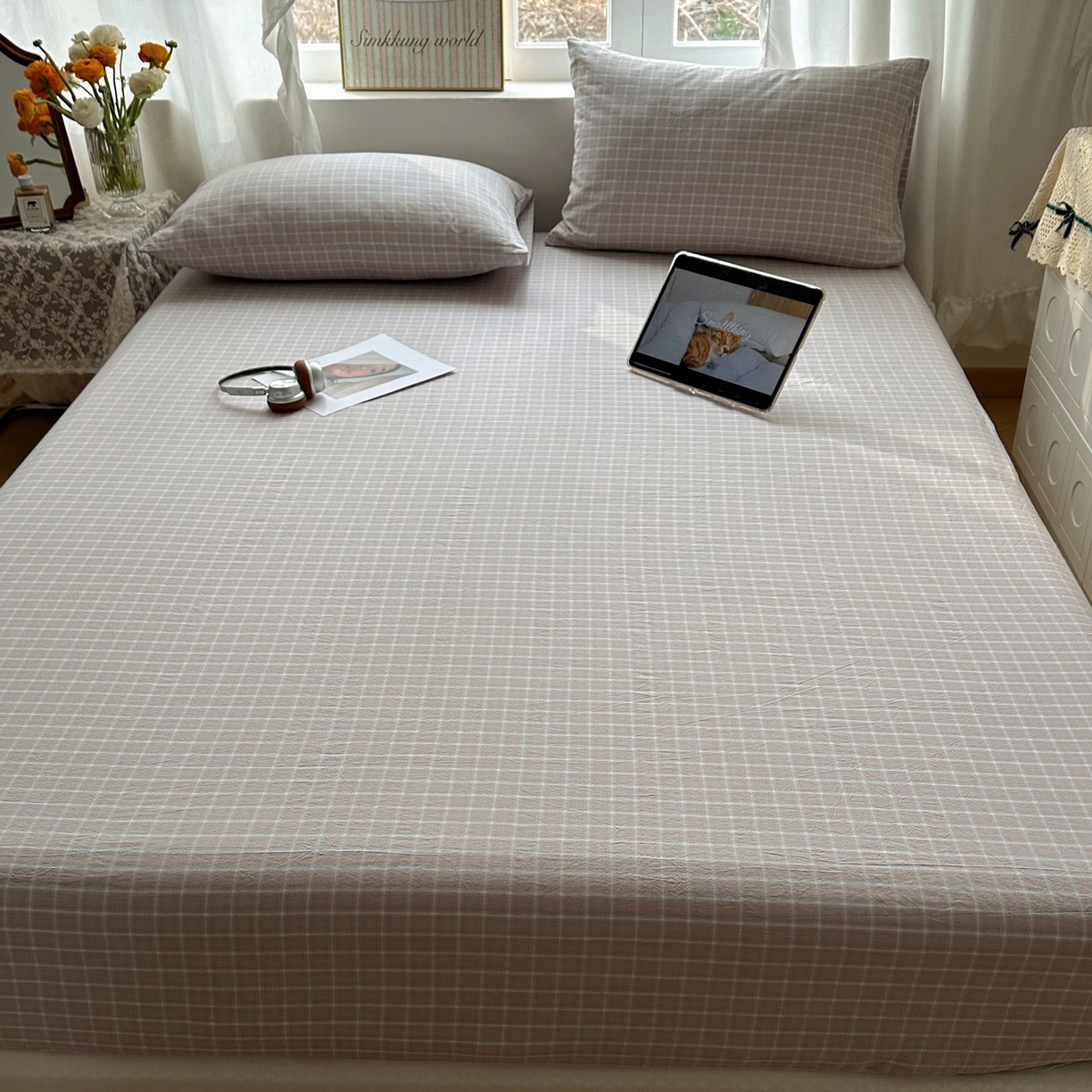 91家纺网 家纺一手货源 找家纺 六巷胡同 2026新款A类全棉纯棉水洗棉色织格子单品床笠 床笠单件 知序-灰格