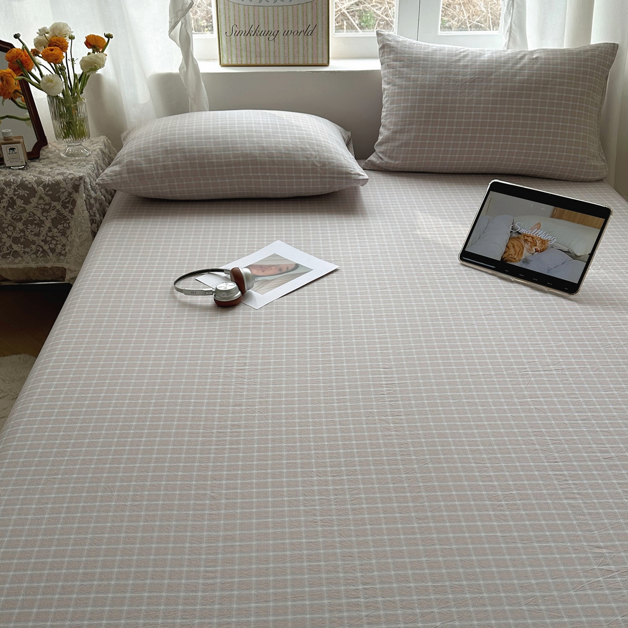 91家纺网 家纺一手货源 找家纺 六巷胡同 2026新款A类全棉纯棉水洗棉色织格子单品床笠 床笠单件 知序-灰格
