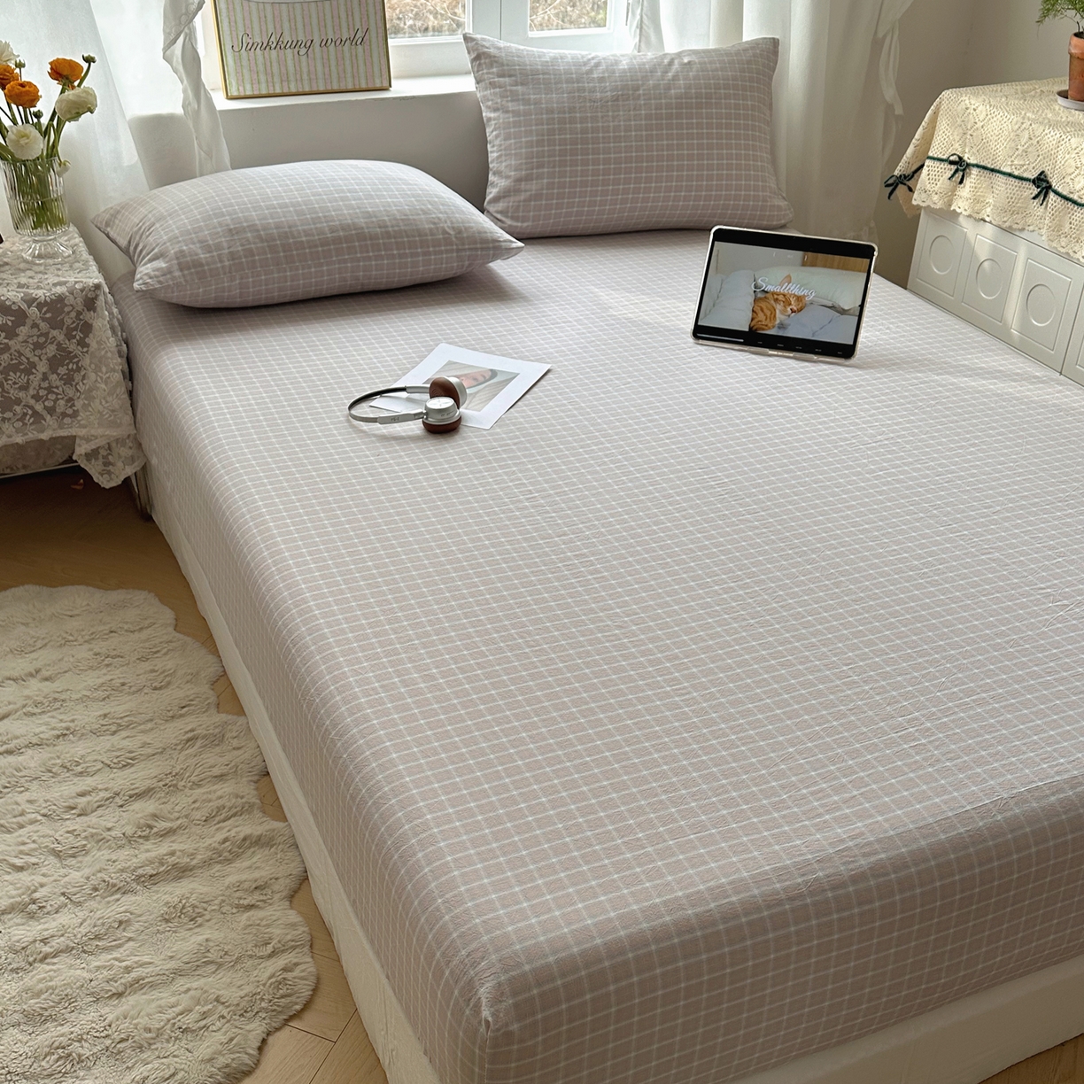 91家纺网 家纺一手货源 找家纺 六巷胡同 2026新款A类全棉纯棉水洗棉色织格子单品床笠 床笠单件 知序-灰格