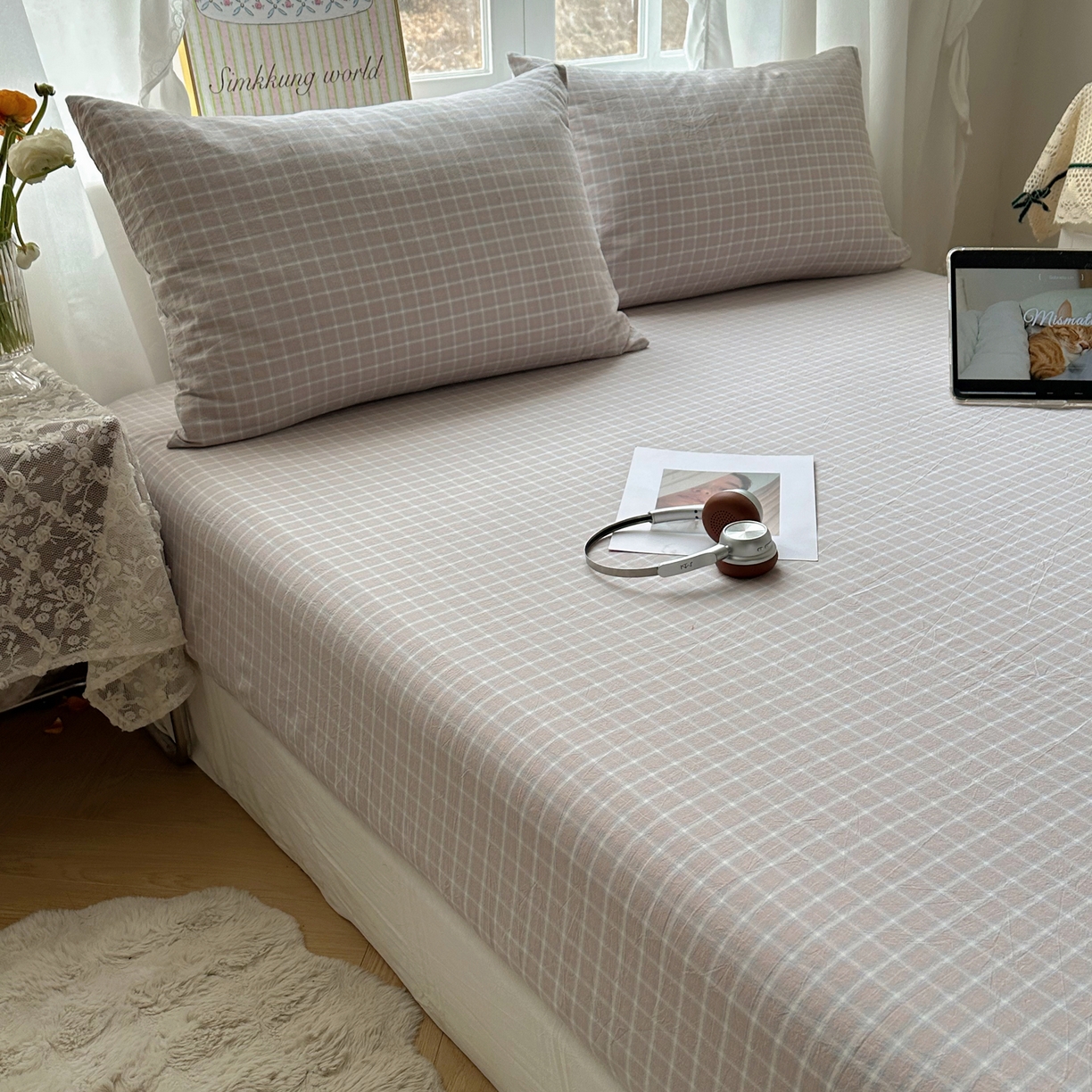 91家纺网 家纺一手货源 找家纺 六巷胡同 2026新款A类全棉纯棉水洗棉色织格子单品床笠 床笠单件 知序-灰格