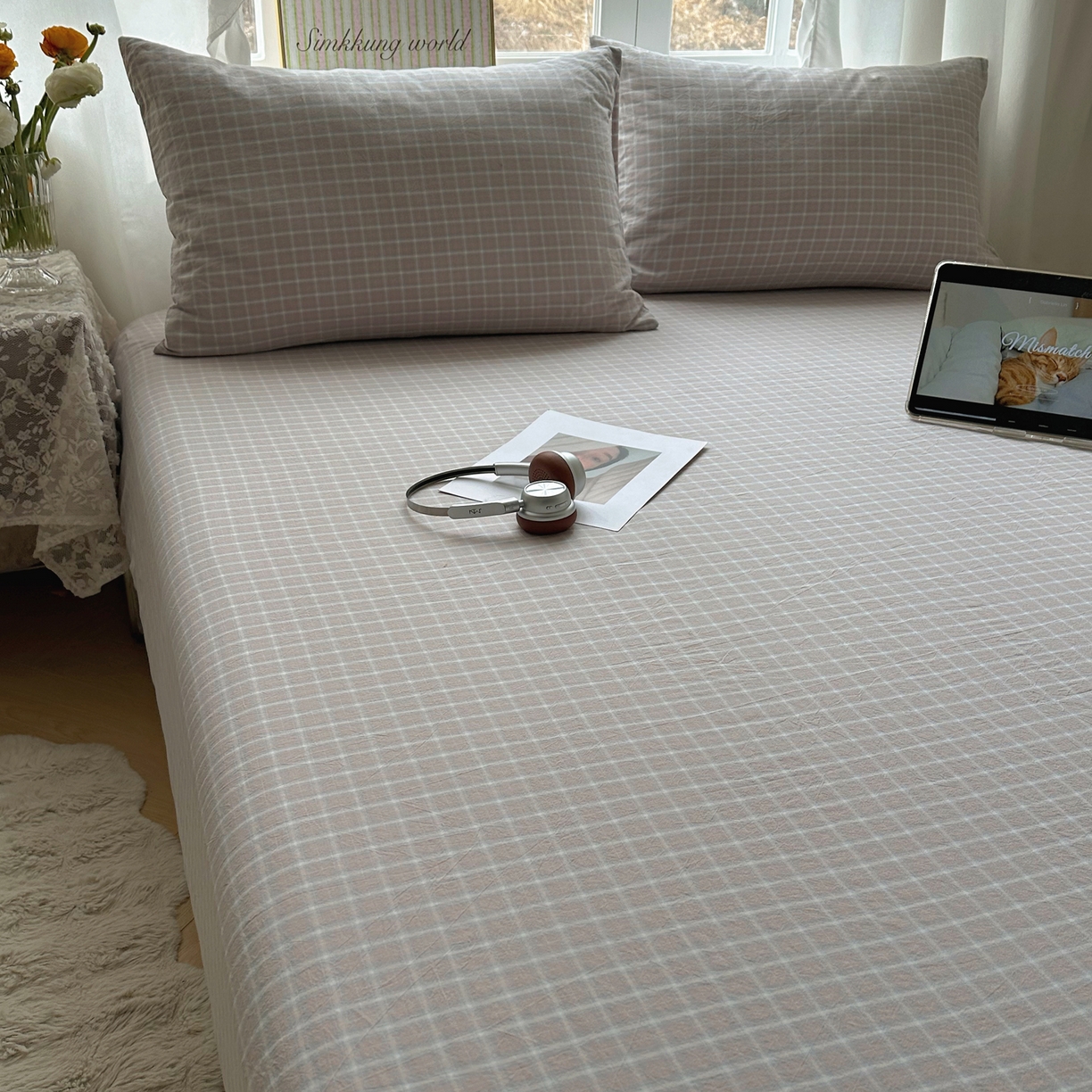 91家纺网 家纺一手货源 找家纺 六巷胡同 2026新款A类全棉纯棉水洗棉色织格子单品床笠 床笠单件 知序-灰格