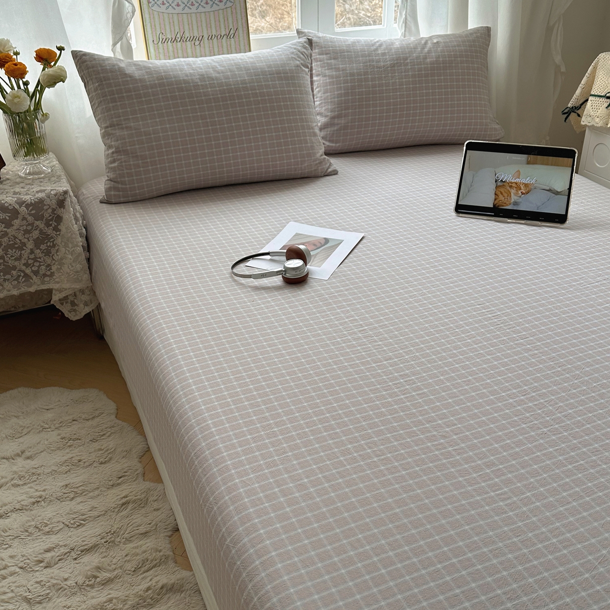 91家纺网 家纺一手货源 找家纺 六巷胡同 2026新款A类全棉纯棉水洗棉色织格子单品床笠 床笠单件 知序-灰格