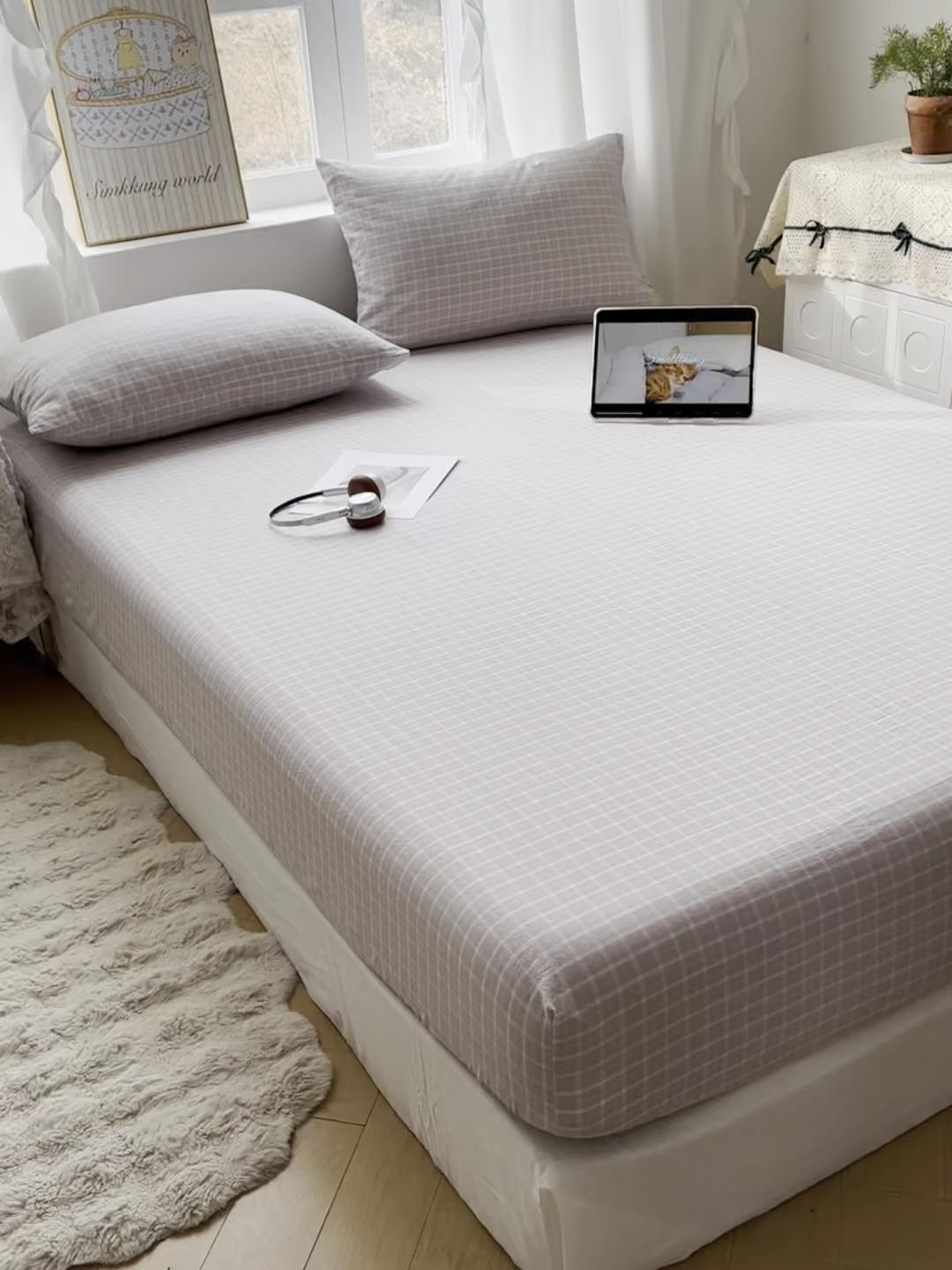 91家纺网 家纺一手货源 找家纺 六巷胡同 2026新款A类全棉纯棉水洗棉色织格子单品床笠 床笠单件 知序-灰格