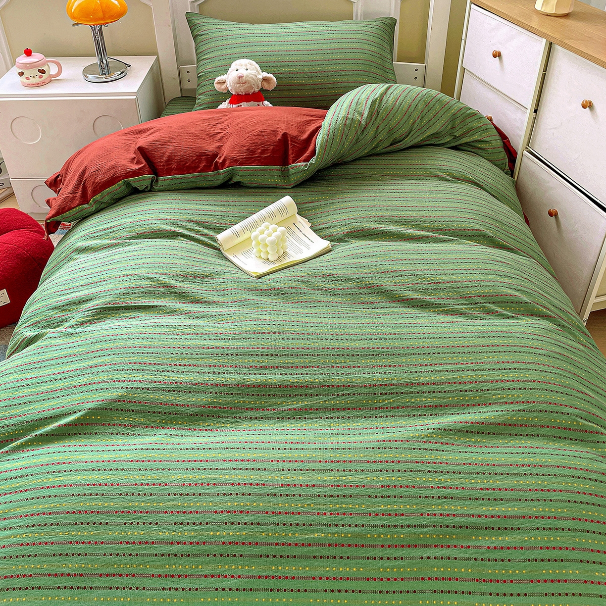 91家纺网 家纺一手货源 找家纺 纽缦家纺 2026新款云感提花双层纱学生床韩版床单床笠三四件套 六子棋绿
