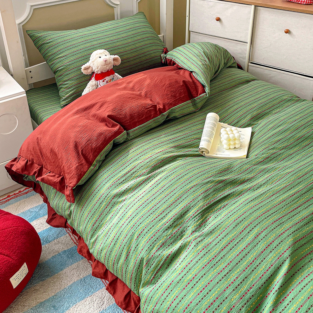 91家纺网 家纺一手货源 找家纺 纽缦家纺 2026新款云感提花双层纱学生床韩版床单床笠三四件套 六子棋绿