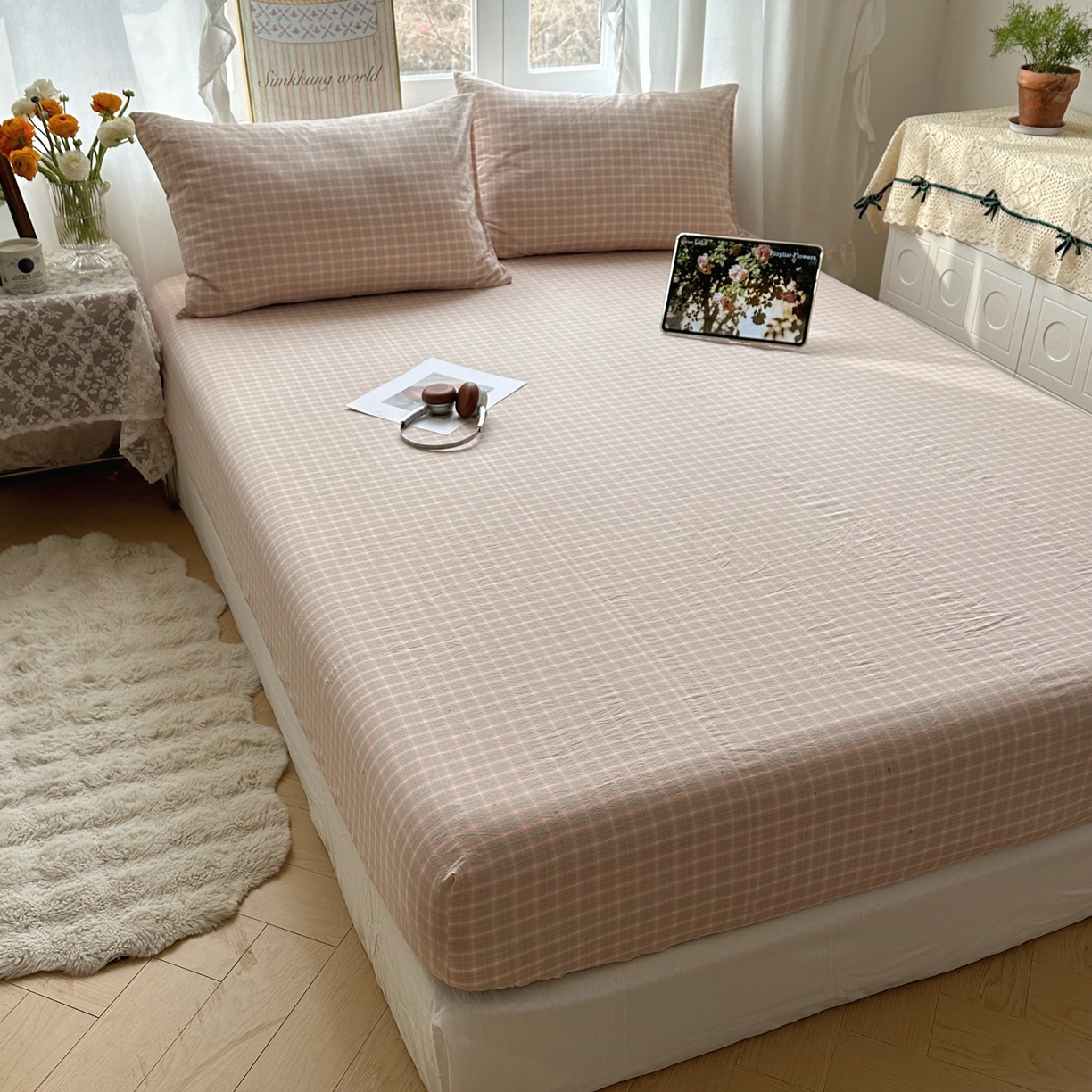 六巷胡同 2026新款A类全棉纯棉水洗棉色织格子单品床笠 床笠单件 知序-橘格